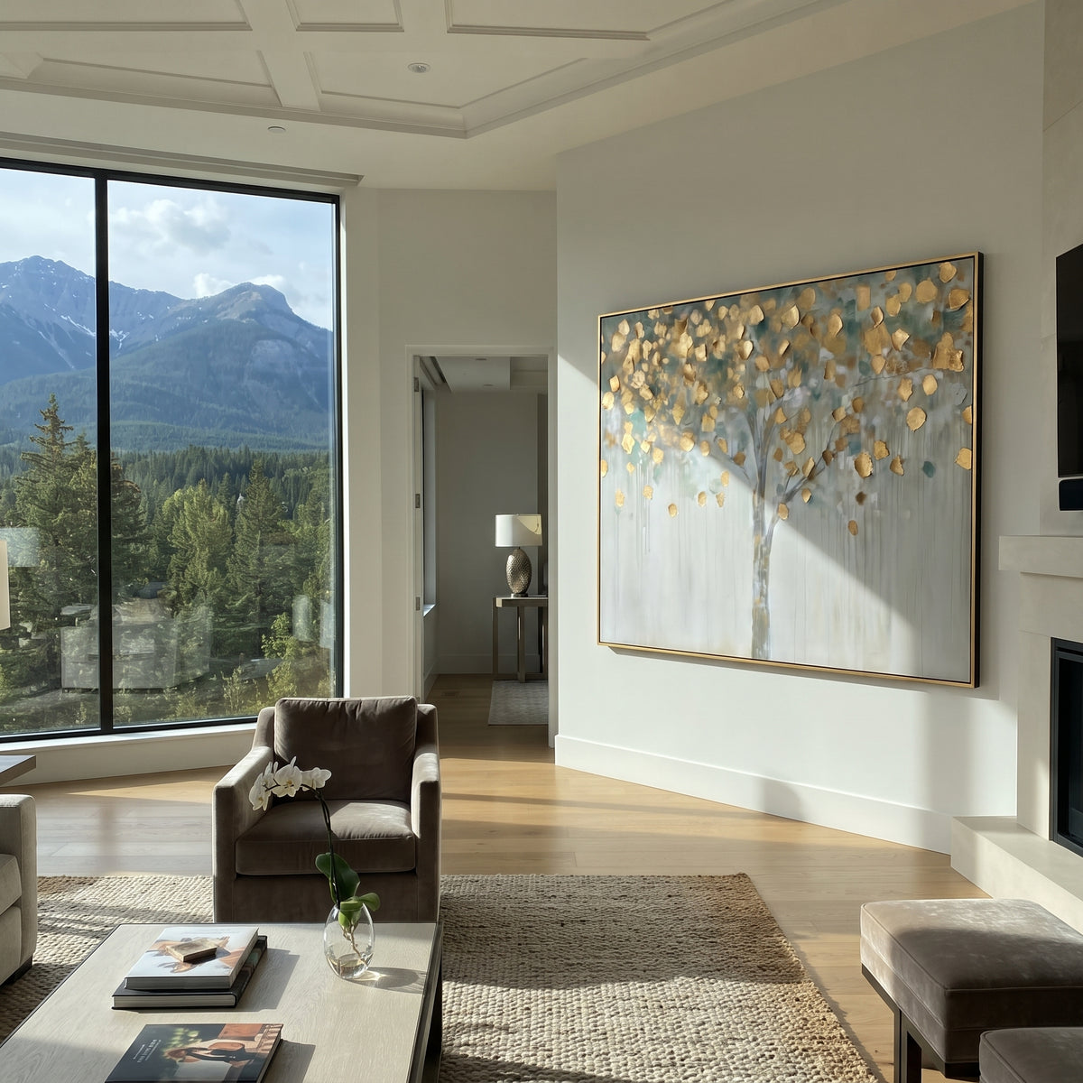 "Pale Gold Leaf Tree Painting" focuses on atmosphere, surface movement, and sculptural heavy impasto craftsmanship rather than a fixed literal storyline. The composition uses this hand-painted horizontal canvas presents a light horizontal tree scene with a soft grey trunk, scattered metallic golden leaves, pale blue-green shadows, and white dripping texture, with visible raised palette-knife paint and handmade surface depth as the visual anchor, while layered palette-knife paint, raised