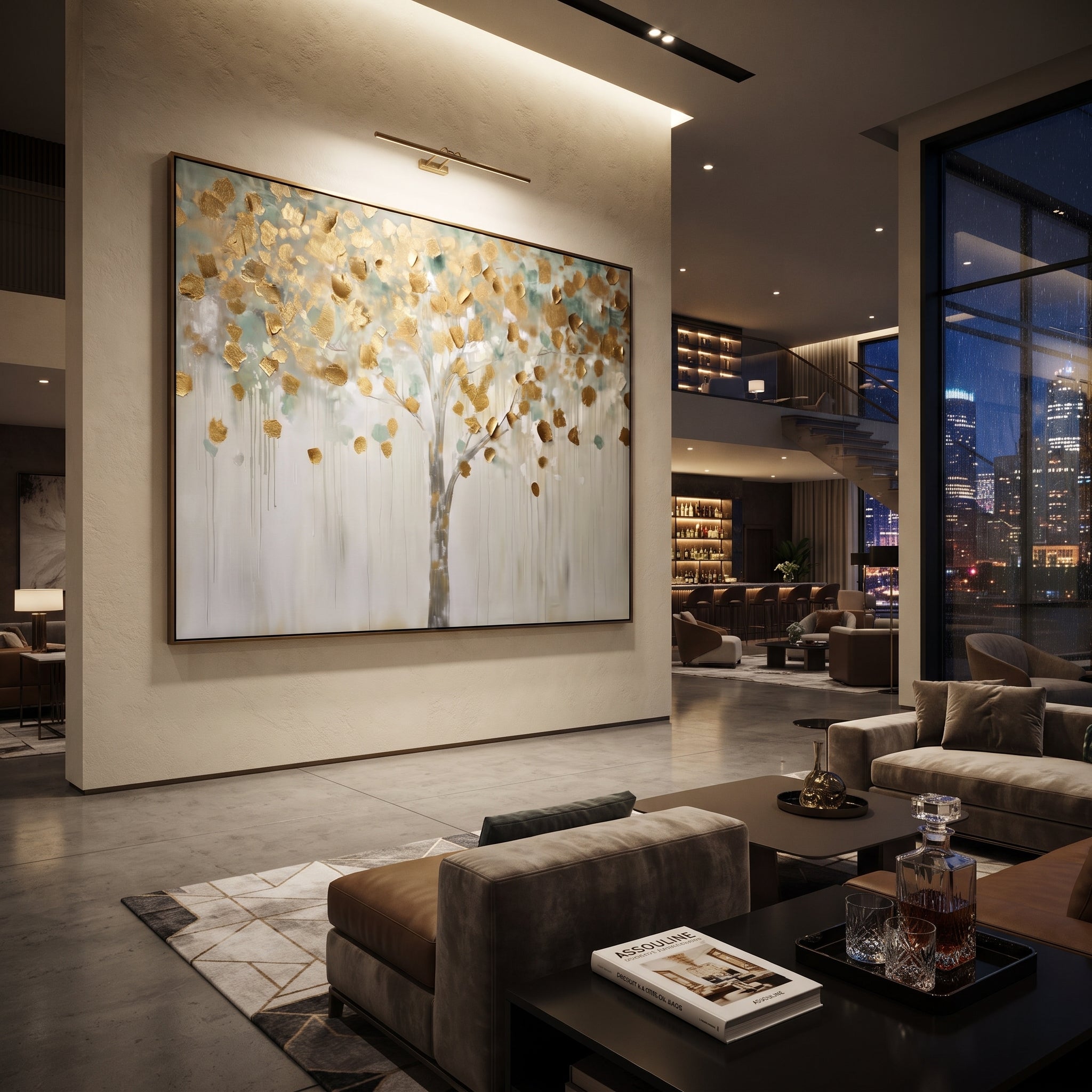 "Pale Gold Leaf Tree Painting" focuses on atmosphere, surface movement, and sculptural heavy impasto craftsmanship rather than a fixed literal storyline. The composition uses this hand-painted horizontal canvas presents a light horizontal tree scene with a soft grey trunk, scattered metallic golden leaves, pale blue-green shadows, and white dripping texture, with visible raised palette-knife paint and handmade surface depth as the visual anchor, while layered palette-knife paint, raised