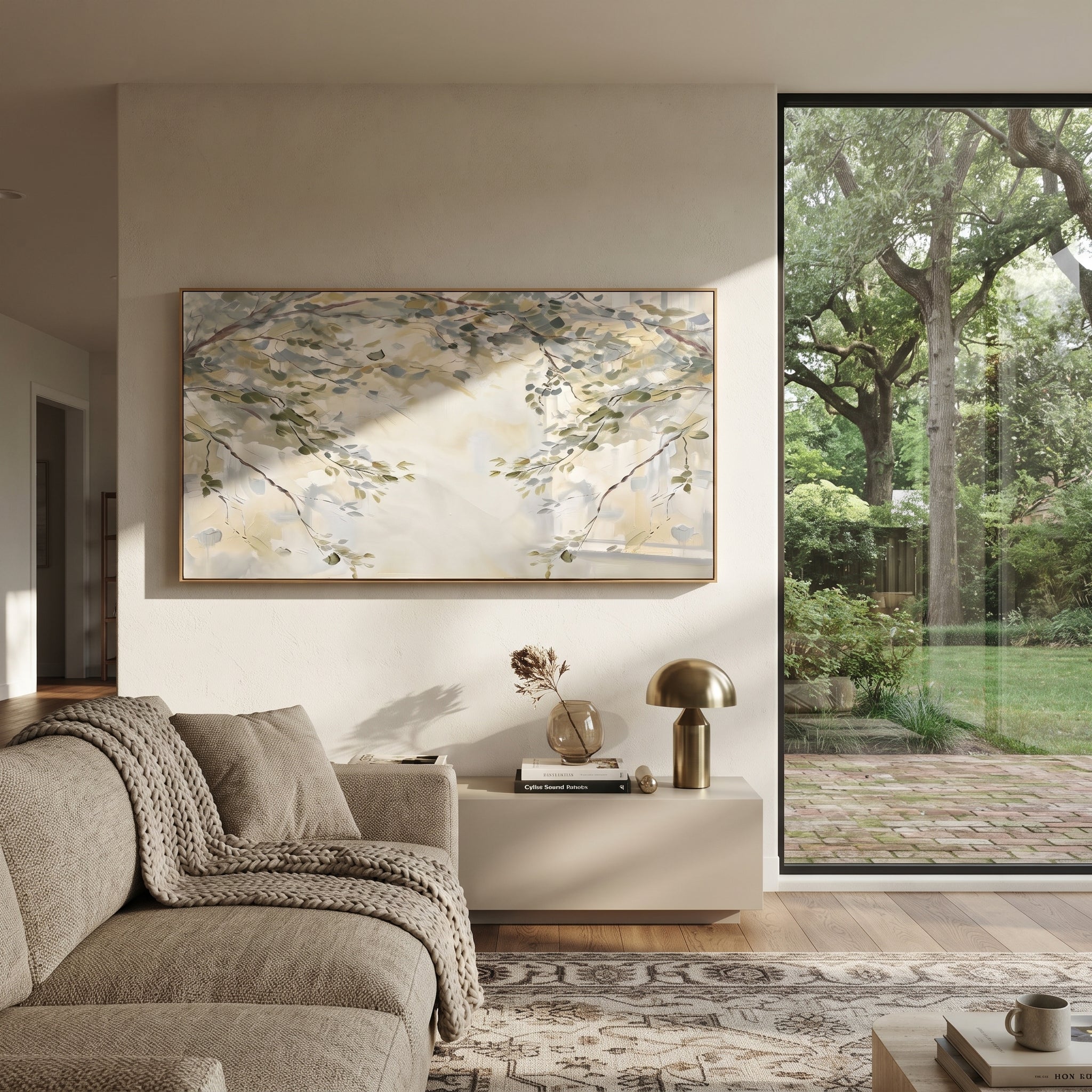 "Soft Branch Leaves Painting" focuses on atmosphere, surface movement, and sculptural heavy impasto craftsmanship rather than a fixed literal storyline. The composition uses this hand-painted panoramic canvas presents pale beige and grey-green branch leaves crossing a light neutral background, with visible raised palette-knife texture and handmade surface depth as the visual anchor, while layered palette-knife paint, raised plaster-like texture, and softened brush movement create tactile depth