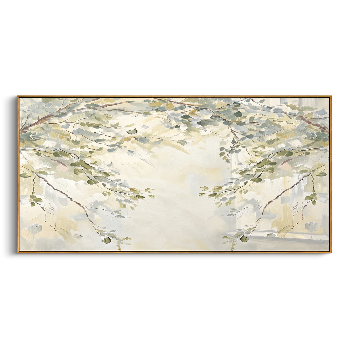 "Soft Branch Leaves Painting" - Modern Heavy Impasto Abstract Artwork | Beige & White Palette Knife Painting | Luxury Horizontal Wall Art #PT 1422