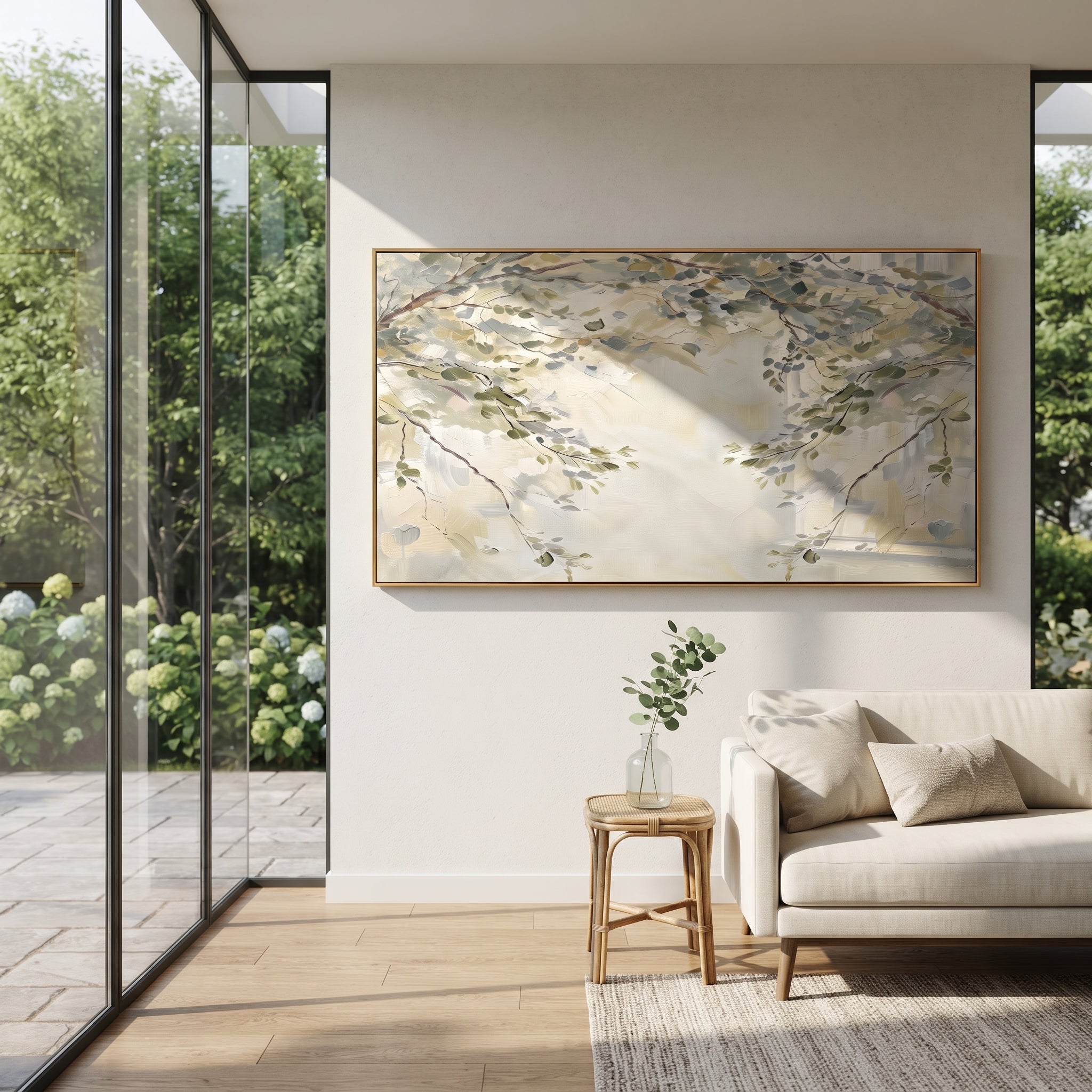 "Soft Branch Leaves Painting" focuses on atmosphere, surface movement, and sculptural heavy impasto craftsmanship rather than a fixed literal storyline. The composition uses this hand-painted panoramic canvas presents pale beige and grey-green branch leaves crossing a light neutral background, with visible raised palette-knife texture and handmade surface depth as the visual anchor, while layered palette-knife paint, raised plaster-like texture, and softened brush movement create tactile depth