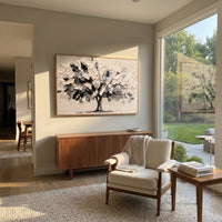 "Luminous Green Canopy Painting" focuses on atmosphere, surface movement, and sculptural heavy impasto craftsmanship rather than a fixed literal storyline. The composition uses this hand-painted horizontal canvas presents a sweeping tree canopy moving from deep teal green into bright lime yellow sunlight, with visible raised palette-knife texture and handmade surface depth as the visual anchor, while layered palette-knife paint, raised plaster-like texture, and softened brush movement create