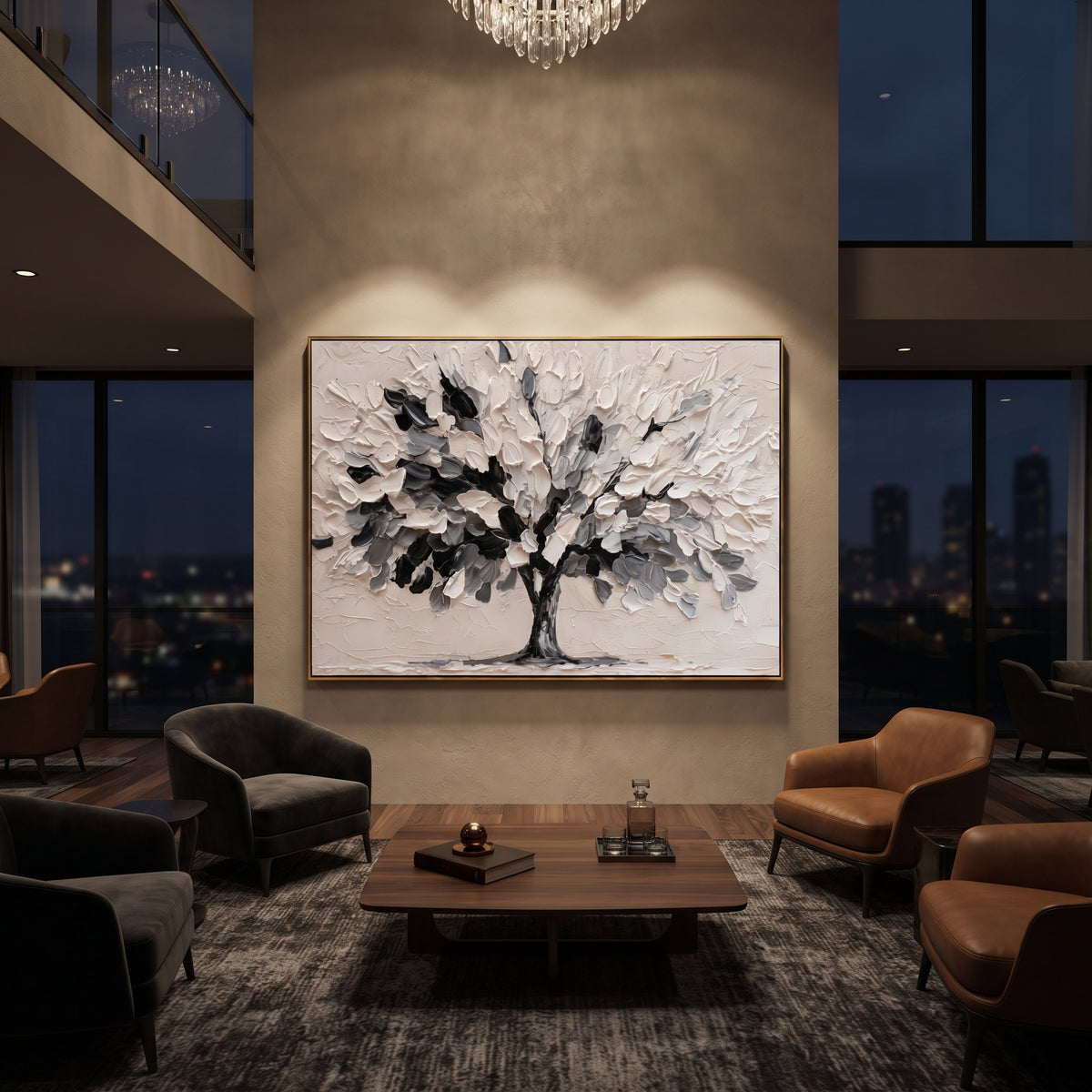 "Luminous Green Canopy Painting" focuses on atmosphere, surface movement, and sculptural heavy impasto craftsmanship rather than a fixed literal storyline. The composition uses this hand-painted horizontal canvas presents a sweeping tree canopy moving from deep teal green into bright lime yellow sunlight, with visible raised palette-knife texture and handmade surface depth as the visual anchor, while layered palette-knife paint, raised plaster-like texture, and softened brush movement create