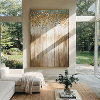 "Gold Blue Vertical Forest Painting" focuses on atmosphere, surface movement, and sculptural heavy impasto craftsmanship rather than a fixed literal storyline. The composition uses this hand-painted vertical canvas presents a tall vertical forest with slim trunks, golden round leaves, blue-green haze, and warm beige lower strokes, with visible raised palette-knife texture and handmade surface depth as the visual anchor, while layered palette-knife paint, raised plaster-like texture, and softened