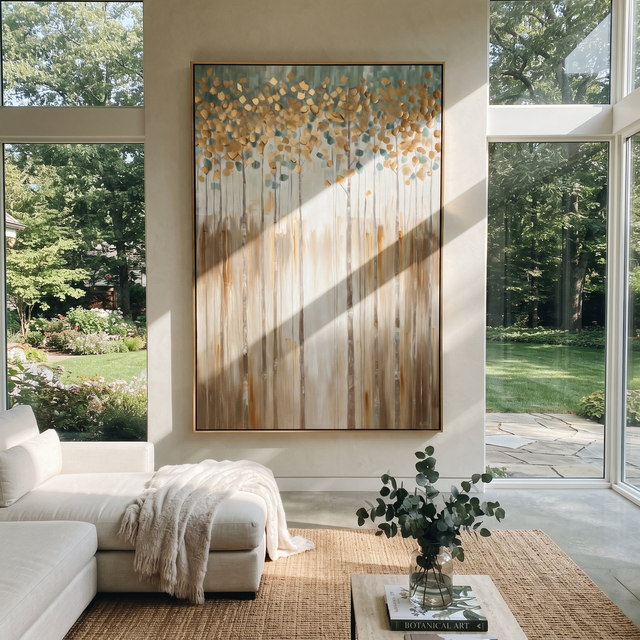 "Gold Blue Vertical Forest Painting" focuses on atmosphere, surface movement, and sculptural heavy impasto craftsmanship rather than a fixed literal storyline. The composition uses this hand-painted vertical canvas presents a tall vertical forest with slim trunks, golden round leaves, blue-green haze, and warm beige lower strokes, with visible raised palette-knife texture and handmade surface depth as the visual anchor, while layered palette-knife paint, raised plaster-like texture, and softened