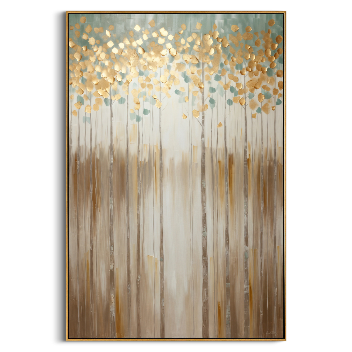 "Gold Blue Vertical Forest Painting" - Modern Heavy Impasto Abstract Artwork | Golden & Blue Palette Knife Painting | Luxury Vertical Wall Art #PT 1425