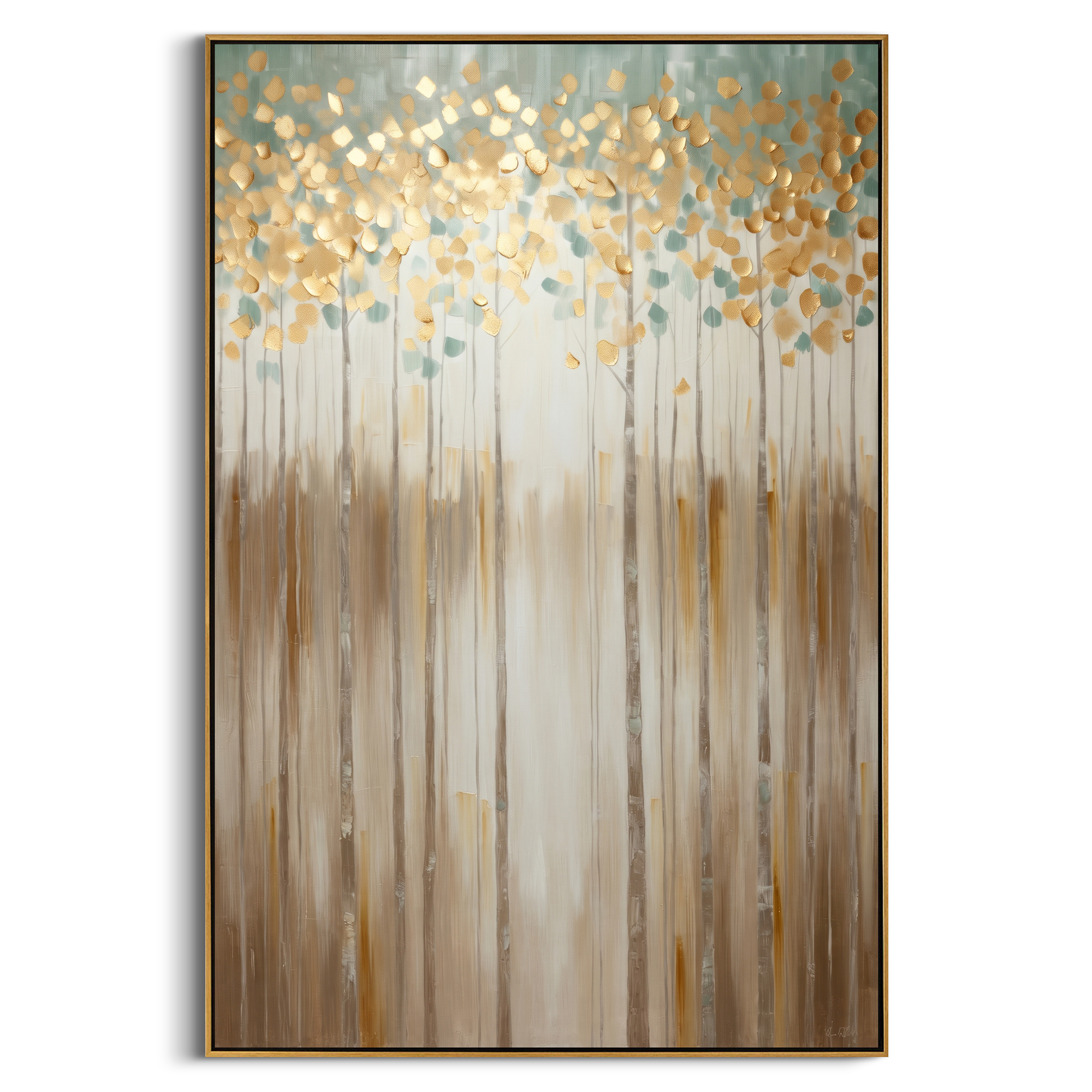 "Gold Blue Vertical Forest Painting" focuses on atmosphere, surface movement, and sculptural heavy impasto craftsmanship rather than a fixed literal storyline. The composition uses this hand-painted vertical canvas presents a tall vertical forest with slim trunks, golden round leaves, blue-green haze, and warm beige lower strokes, with visible raised palette-knife texture and handmade surface depth as the visual anchor, while layered palette-knife paint, raised plaster-like texture, and softened