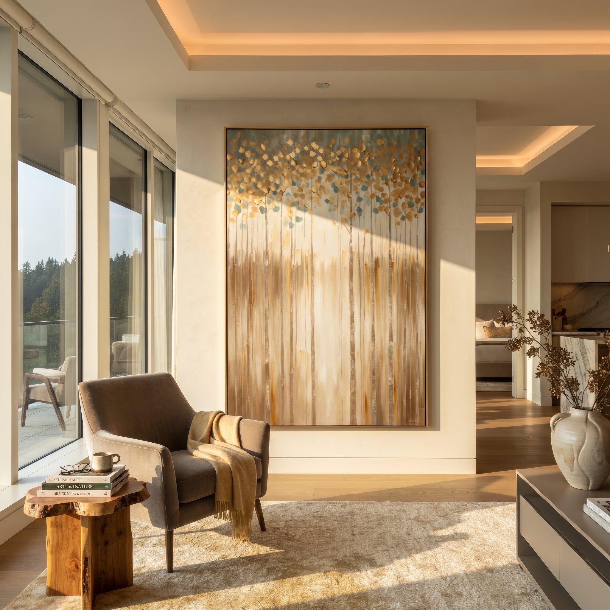 "Gold Blue Vertical Forest Painting" focuses on atmosphere, surface movement, and sculptural heavy impasto craftsmanship rather than a fixed literal storyline. The composition uses this hand-painted vertical canvas presents a tall vertical forest with slim trunks, golden round leaves, blue-green haze, and warm beige lower strokes, with visible raised palette-knife texture and handmade surface depth as the visual anchor, while layered palette-knife paint, raised plaster-like texture, and softened