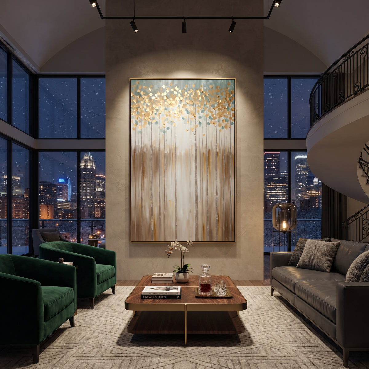 "Gold Blue Vertical Forest Painting" focuses on atmosphere, surface movement, and sculptural heavy impasto craftsmanship rather than a fixed literal storyline. The composition uses this hand-painted vertical canvas presents a tall vertical forest with slim trunks, golden round leaves, blue-green haze, and warm beige lower strokes, with visible raised palette-knife texture and handmade surface depth as the visual anchor, while layered palette-knife paint, raised plaster-like texture, and softened