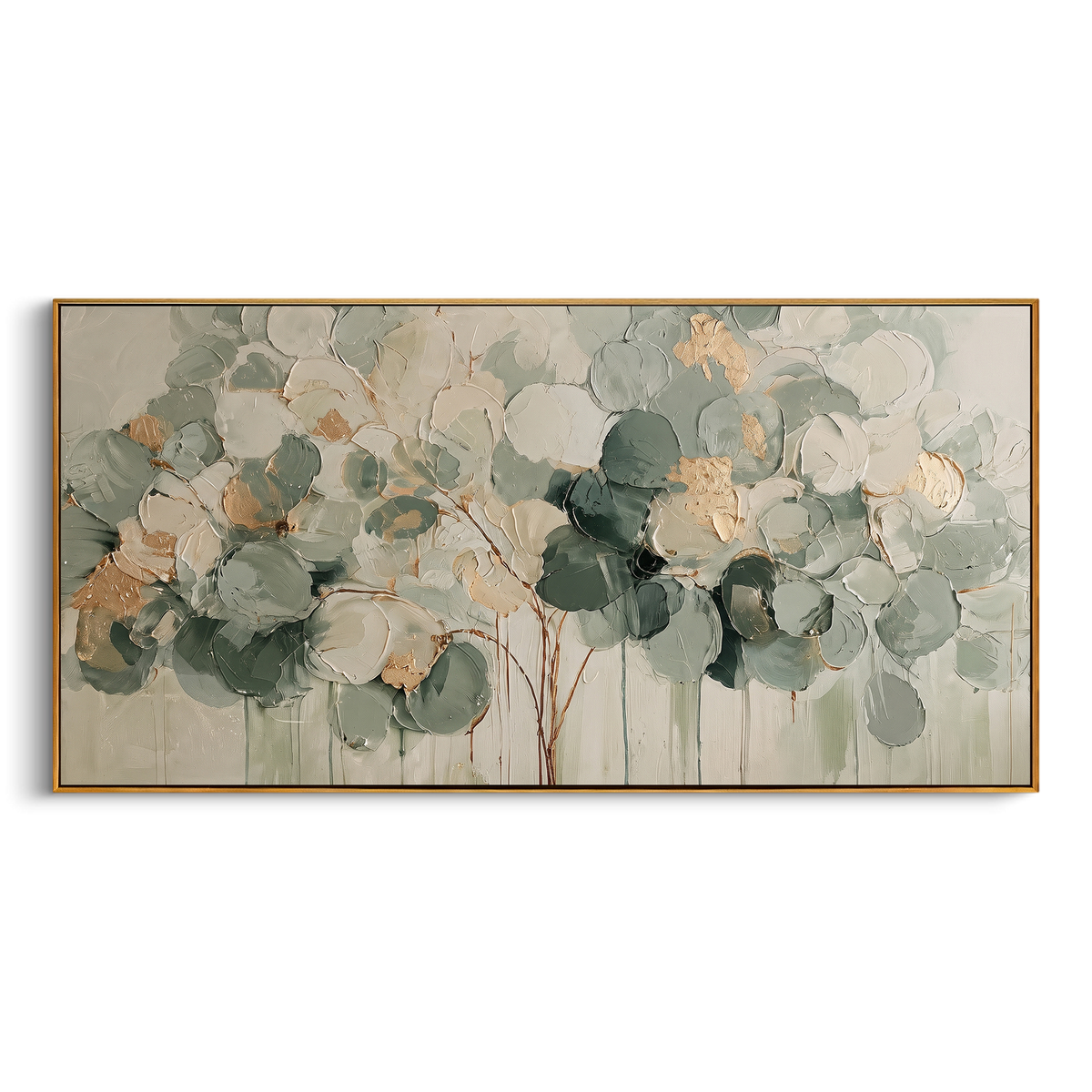 "Sage Green Round Leaf Painting" - Modern Heavy Impasto Abstract Artwork | Green & Beige Palette Knife Painting | Luxury Horizontal Wall Art #PT 1426