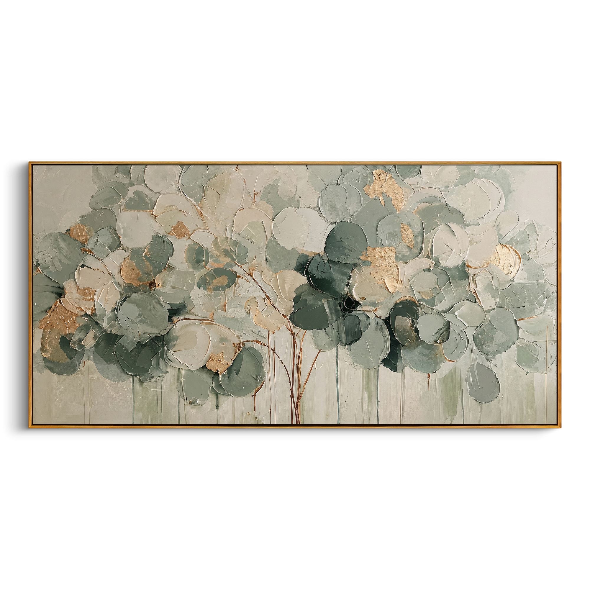 "Sage Green Round Leaf Painting" focuses on atmosphere, surface movement, and sculptural heavy impasto craftsmanship rather than a fixed literal storyline. The composition uses this hand-painted panoramic canvas presents a horizontal round-leaf branch cluster in sage green, cream, dark green, and soft gold over a neutral ground, with visible raised palette-knife texture and handmade surface depth as the visual anchor, while layered palette-knife paint, raised plaster-like texture, and softened