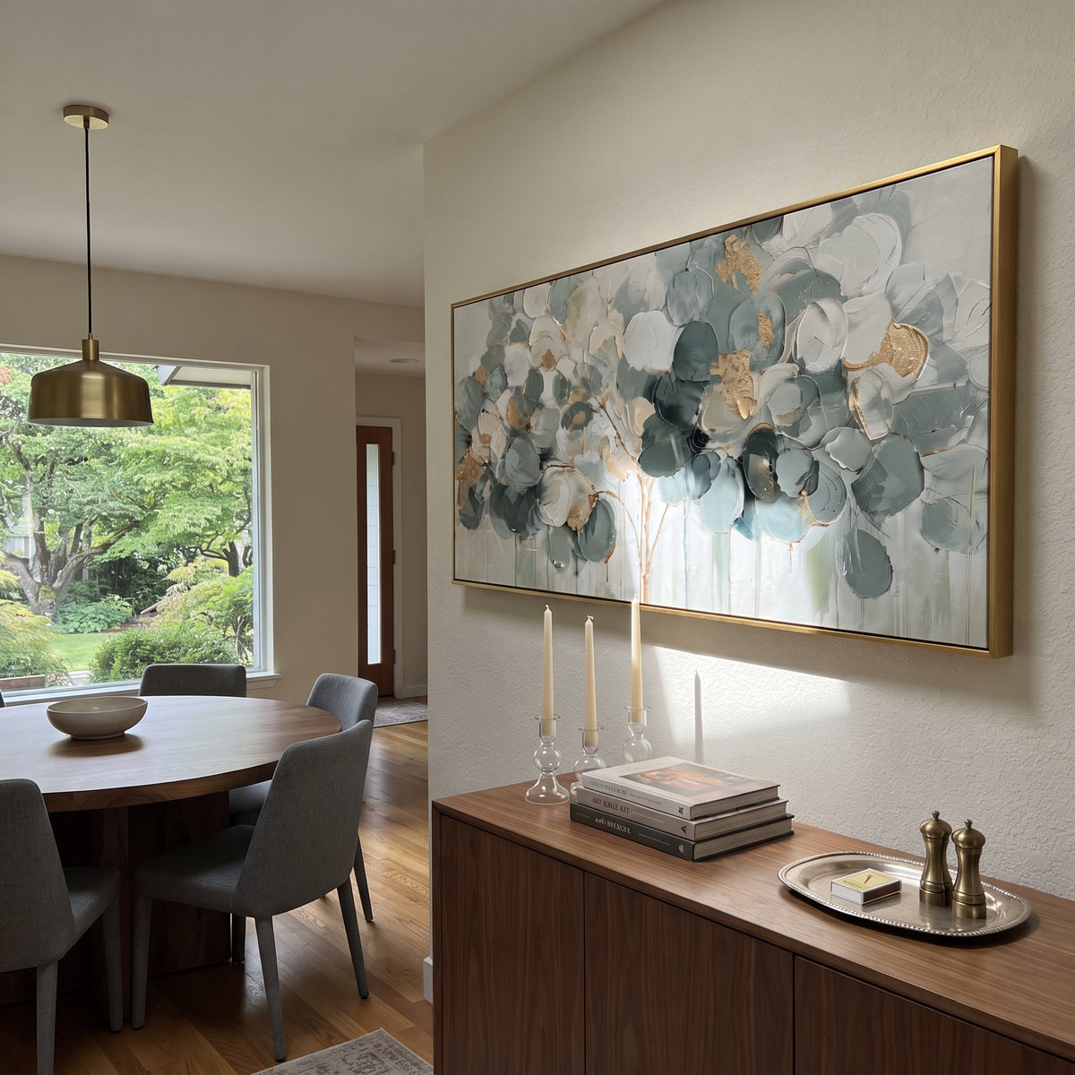 "Sage Green Round Leaf Painting" focuses on atmosphere, surface movement, and sculptural heavy impasto craftsmanship rather than a fixed literal storyline. The composition uses this hand-painted panoramic canvas presents a horizontal round-leaf branch cluster in sage green, cream, dark green, and soft gold over a neutral ground, with visible raised palette-knife texture and handmade surface depth as the visual anchor, while layered palette-knife paint, raised plaster-like texture, and softened