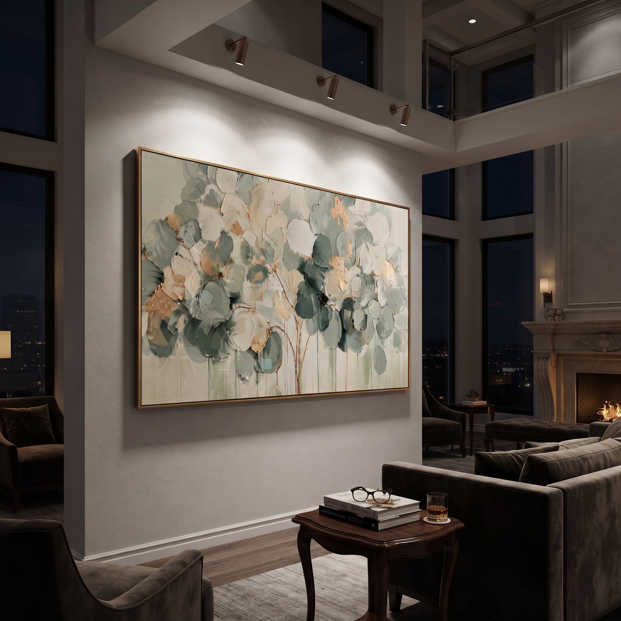 "Sage Green Round Leaf Painting" focuses on atmosphere, surface movement, and sculptural heavy impasto craftsmanship rather than a fixed literal storyline. The composition uses this hand-painted panoramic canvas presents a horizontal round-leaf branch cluster in sage green, cream, dark green, and soft gold over a neutral ground, with visible raised palette-knife texture and handmade surface depth as the visual anchor, while layered palette-knife paint, raised plaster-like texture, and softened