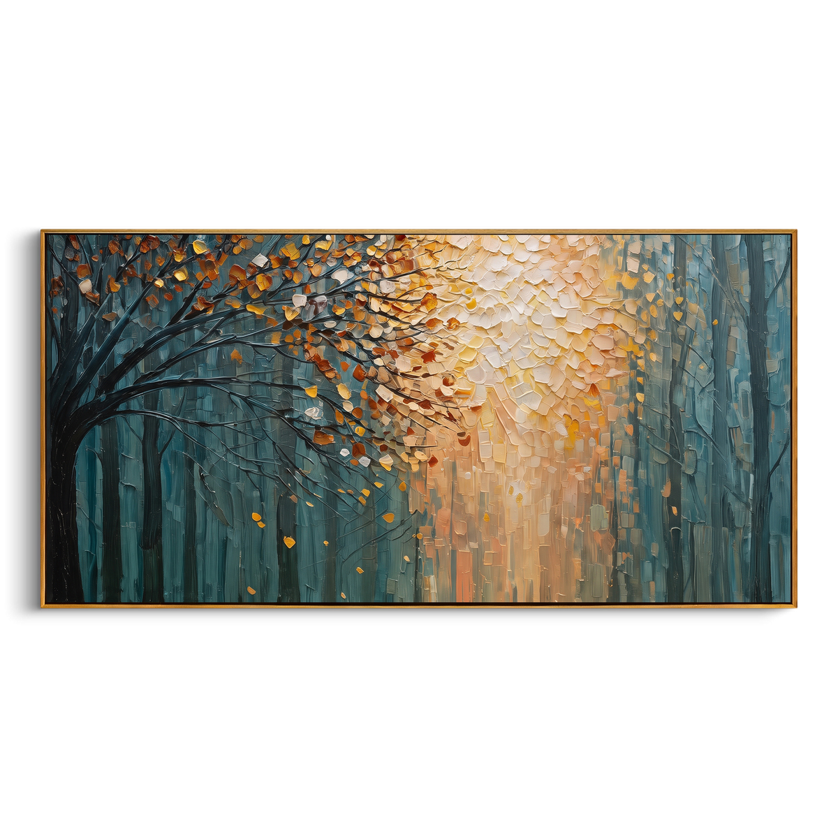 "Autumn Light Forest Painting" - Modern Heavy Impasto Abstract Artwork | Blue & Orange Palette Knife Painting | Luxury Horizontal Wall Art #PT 1427