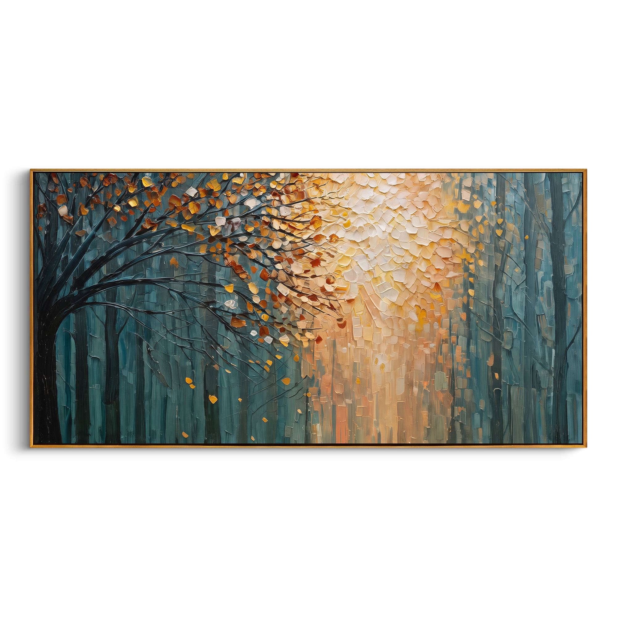 "Autumn Light Forest Painting" focuses on atmosphere, surface movement, and sculptural heavy impasto craftsmanship rather than a fixed literal storyline. The composition uses this hand-painted panoramic canvas presents a deep blue forest opening into warm orange and golden autumn light, with a dark foreground tree and visible raised palette-knife texture as the visual anchor, while layered palette-knife paint, raised plaster-like texture, and softened brush movement create tactile depth across