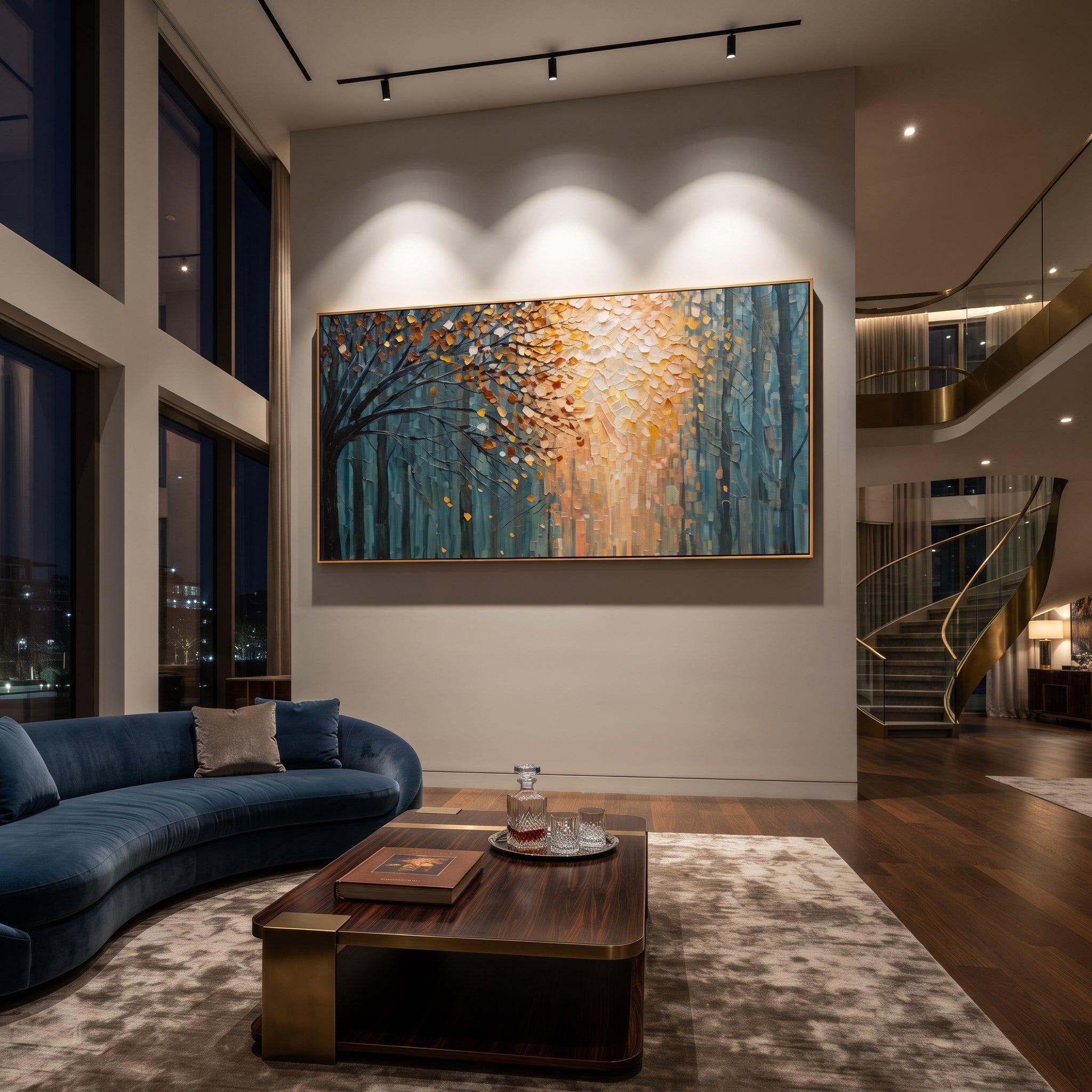 "Autumn Light Forest Painting" focuses on atmosphere, surface movement, and sculptural heavy impasto craftsmanship rather than a fixed literal storyline. The composition uses this hand-painted panoramic canvas presents a deep blue forest opening into warm orange and golden autumn light, with a dark foreground tree and visible raised palette-knife texture as the visual anchor, while layered palette-knife paint, raised plaster-like texture, and softened brush movement create tactile depth across