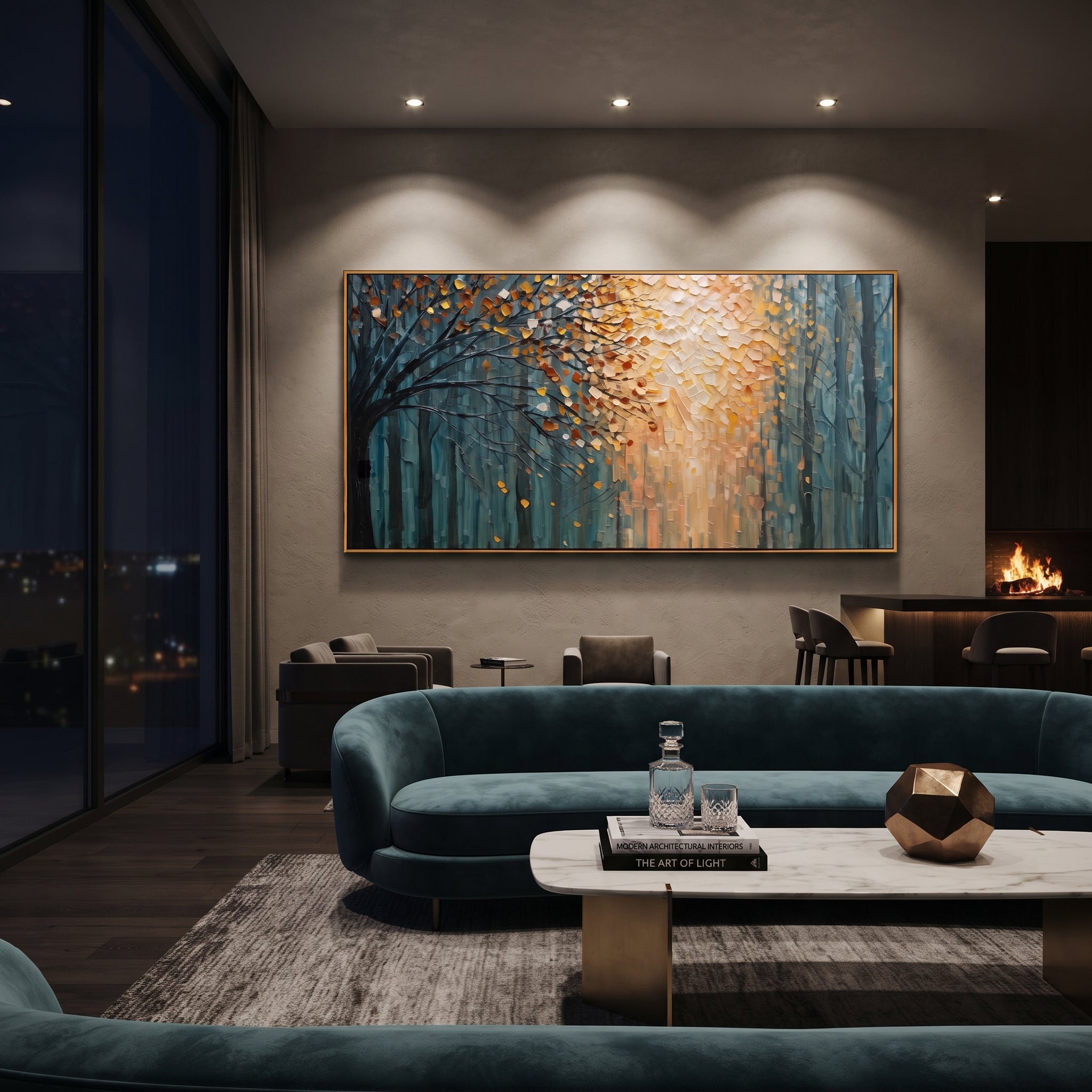 "Autumn Light Forest Painting" focuses on atmosphere, surface movement, and sculptural heavy impasto craftsmanship rather than a fixed literal storyline. The composition uses this hand-painted panoramic canvas presents a deep blue forest opening into warm orange and golden autumn light, with a dark foreground tree and visible raised palette-knife texture as the visual anchor, while layered palette-knife paint, raised plaster-like texture, and softened brush movement create tactile depth across