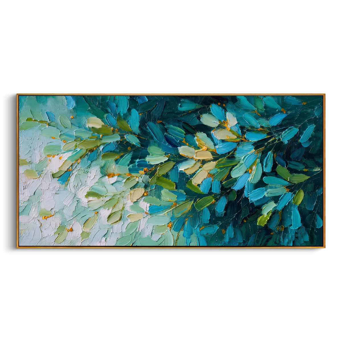 "Teal Green Leaf Branch Painting" - Modern Heavy Impasto Abstract Artwork | Natural & Green Palette Knife Painting | Luxury Horizontal Wall Art #PT 1428