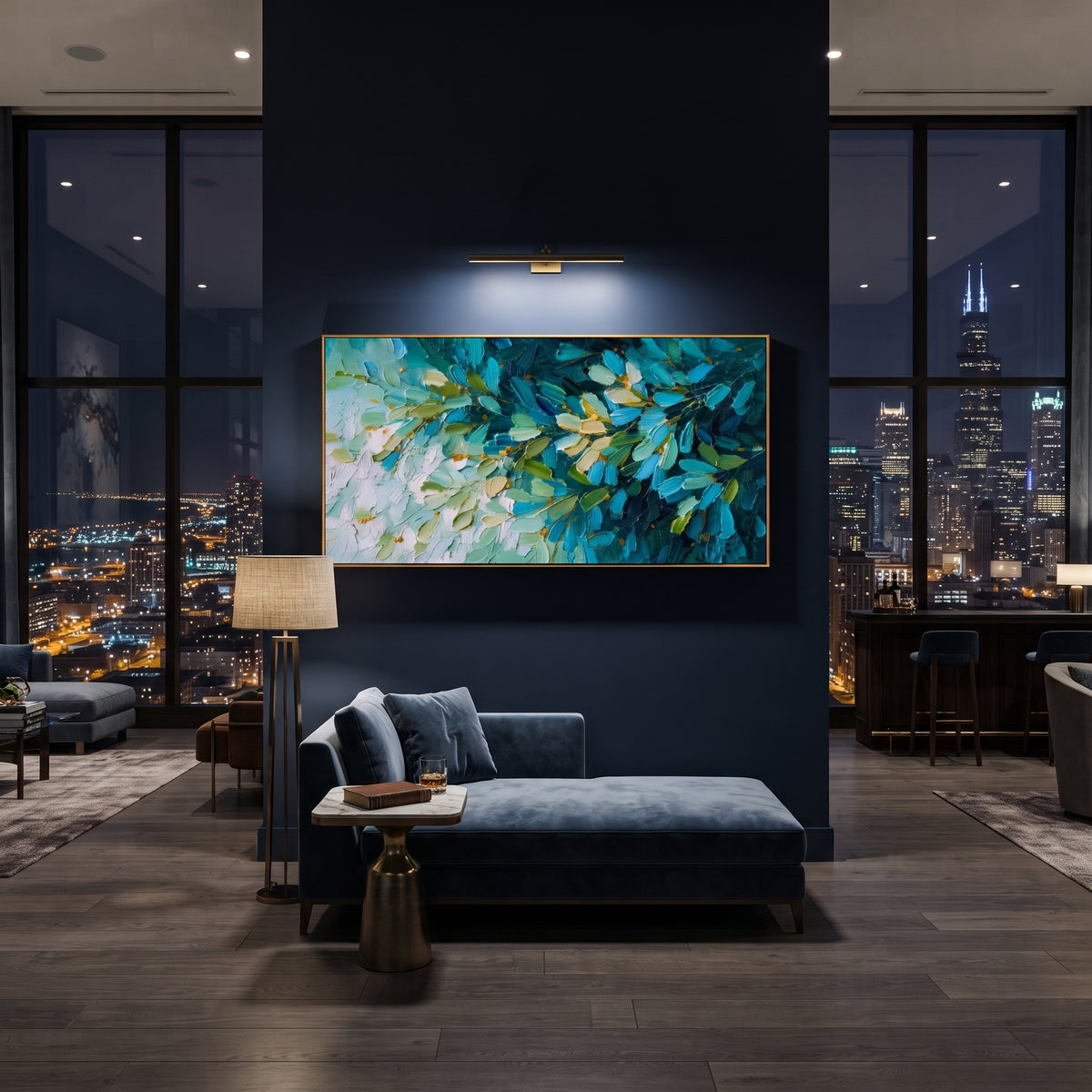 "Teal Green Leaf Branch Painting" focuses on atmosphere, surface movement, and sculptural heavy impasto craftsmanship rather than a fixed literal storyline. The composition uses this hand-painted panoramic canvas presents a close view of leafy branches in deep teal blue, green, cream white, and small golden accents, with visible raised palette-knife texture as the visual anchor, while layered palette-knife paint, raised plaster-like texture, and softened brush movement create tactile depth
