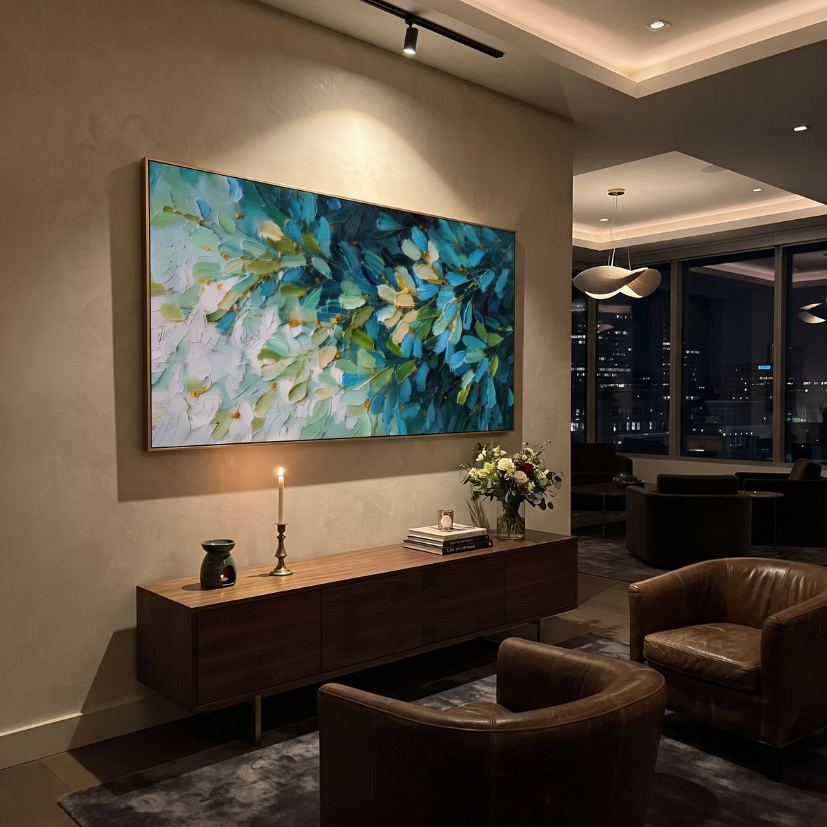 "Teal Green Leaf Branch Painting" focuses on atmosphere, surface movement, and sculptural heavy impasto craftsmanship rather than a fixed literal storyline. The composition uses this hand-painted panoramic canvas presents a close view of leafy branches in deep teal blue, green, cream white, and small golden accents, with visible raised palette-knife texture as the visual anchor, while layered palette-knife paint, raised plaster-like texture, and softened brush movement create tactile depth