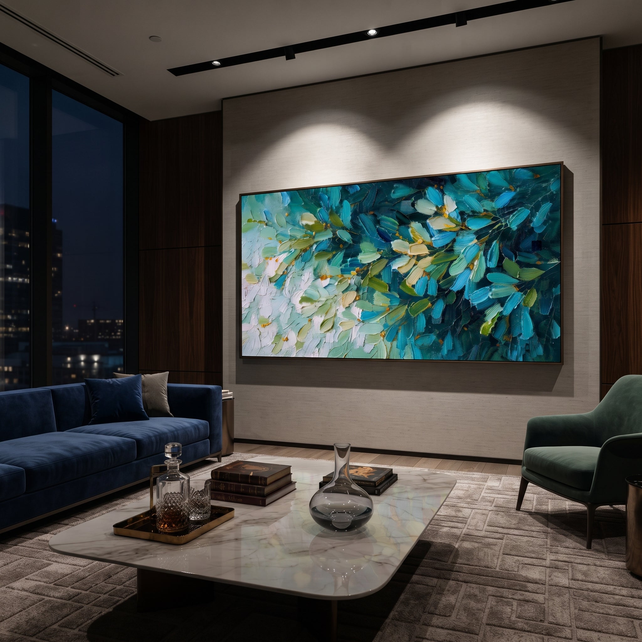 "Teal Green Leaf Branch Painting" focuses on atmosphere, surface movement, and sculptural heavy impasto craftsmanship rather than a fixed literal storyline. The composition uses this hand-painted panoramic canvas presents a close view of leafy branches in deep teal blue, green, cream white, and small golden accents, with visible raised palette-knife texture as the visual anchor, while layered palette-knife paint, raised plaster-like texture, and softened brush movement create tactile depth