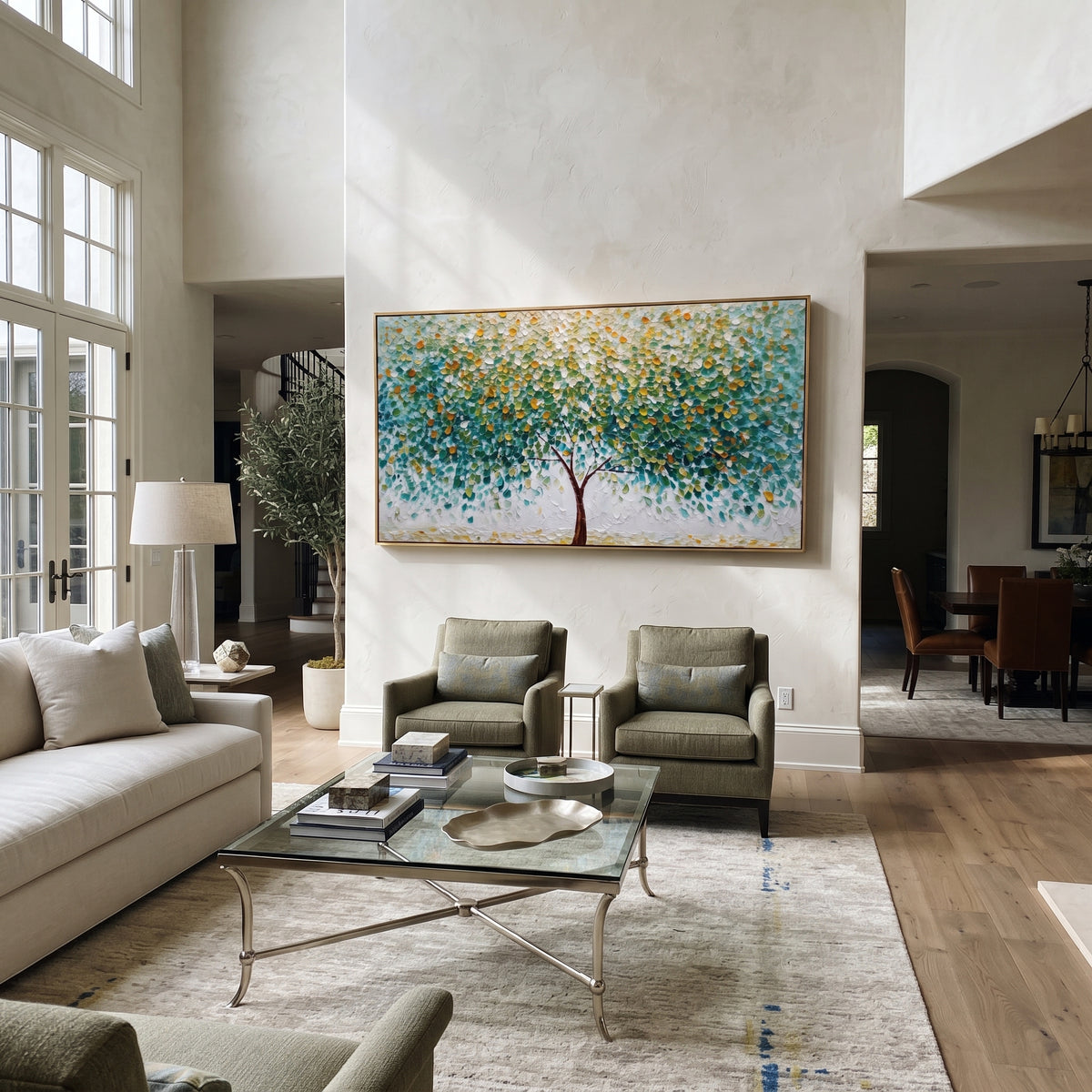 "Green White Blossom Branch Painting" focuses on atmosphere, surface movement, and sculptural heavy impasto craftsmanship rather than a fixed literal storyline. The composition uses this hand-painted panoramic canvas presents white and pale blue blossoms on dark branching lines, set against fresh green and teal foliage with subtle golden highlights and textured paint relief as the visual anchor, while layered palette-knife paint, raised plaster-like texture, and softened brush movement create