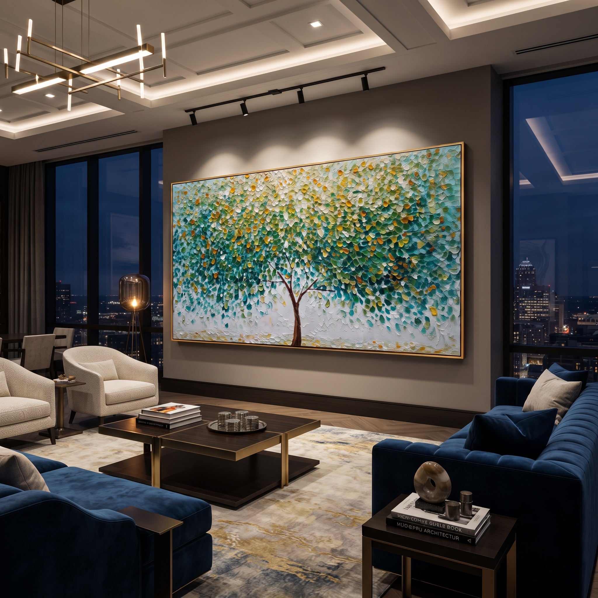 "Green White Blossom Branch Painting" focuses on atmosphere, surface movement, and sculptural heavy impasto craftsmanship rather than a fixed literal storyline. The composition uses this hand-painted panoramic canvas presents white and pale blue blossoms on dark branching lines, set against fresh green and teal foliage with subtle golden highlights and textured paint relief as the visual anchor, while layered palette-knife paint, raised plaster-like texture, and softened brush movement create