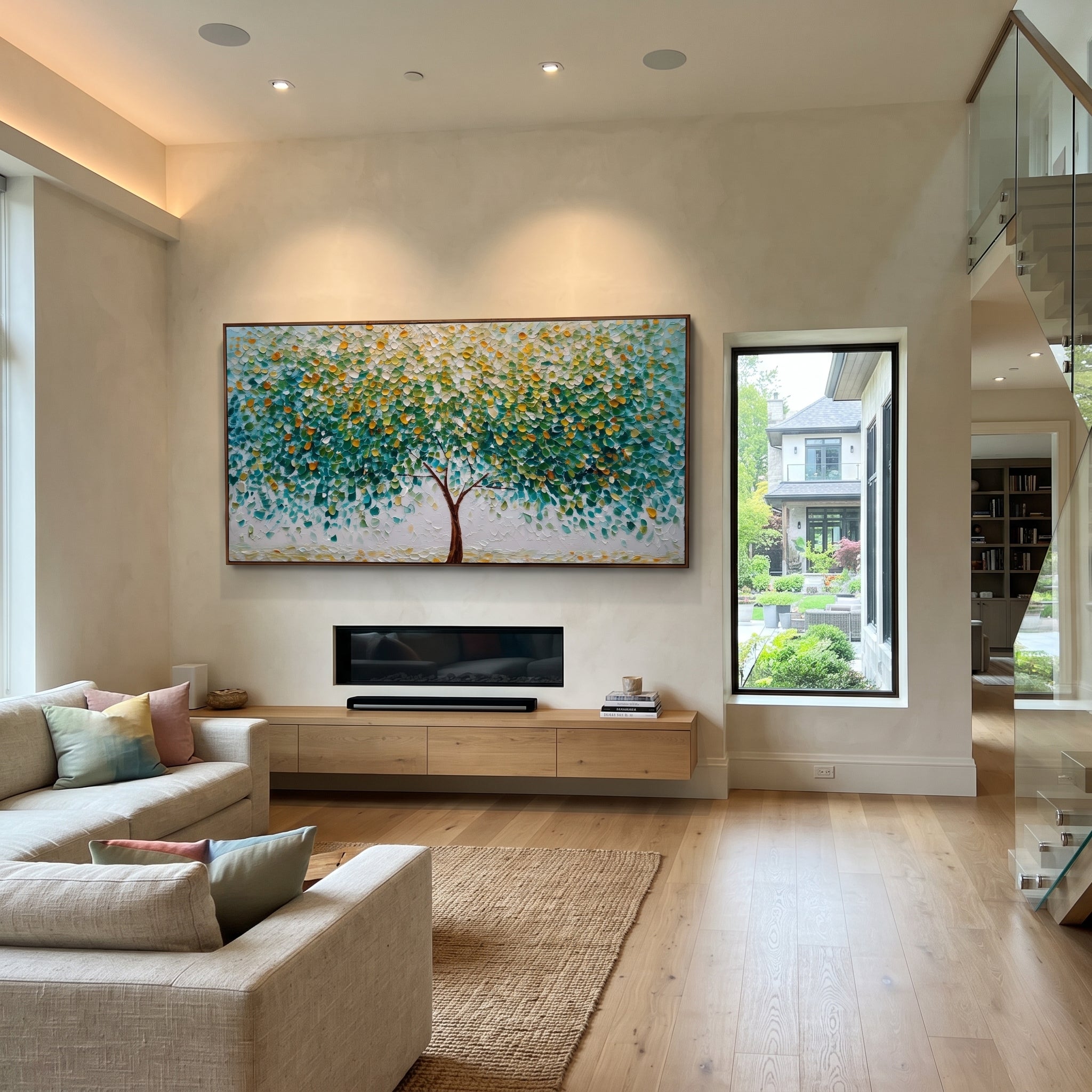 "Green White Blossom Branch Painting" focuses on atmosphere, surface movement, and sculptural heavy impasto craftsmanship rather than a fixed literal storyline. The composition uses this hand-painted panoramic canvas presents white and pale blue blossoms on dark branching lines, set against fresh green and teal foliage with subtle golden highlights and textured paint relief as the visual anchor, while layered palette-knife paint, raised plaster-like texture, and softened brush movement create