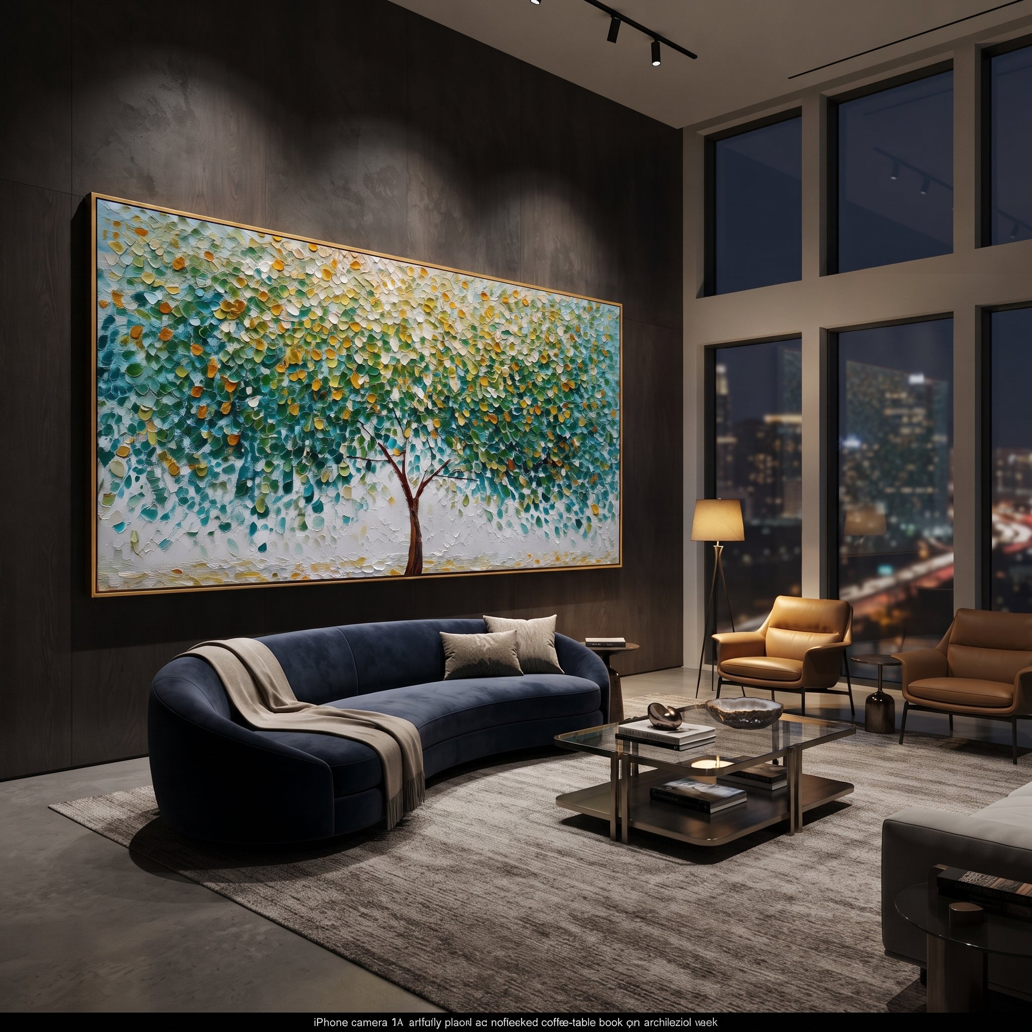 "Green White Blossom Branch Painting" focuses on atmosphere, surface movement, and sculptural heavy impasto craftsmanship rather than a fixed literal storyline. The composition uses this hand-painted panoramic canvas presents white and pale blue blossoms on dark branching lines, set against fresh green and teal foliage with subtle golden highlights and textured paint relief as the visual anchor, while layered palette-knife paint, raised plaster-like texture, and softened brush movement create
