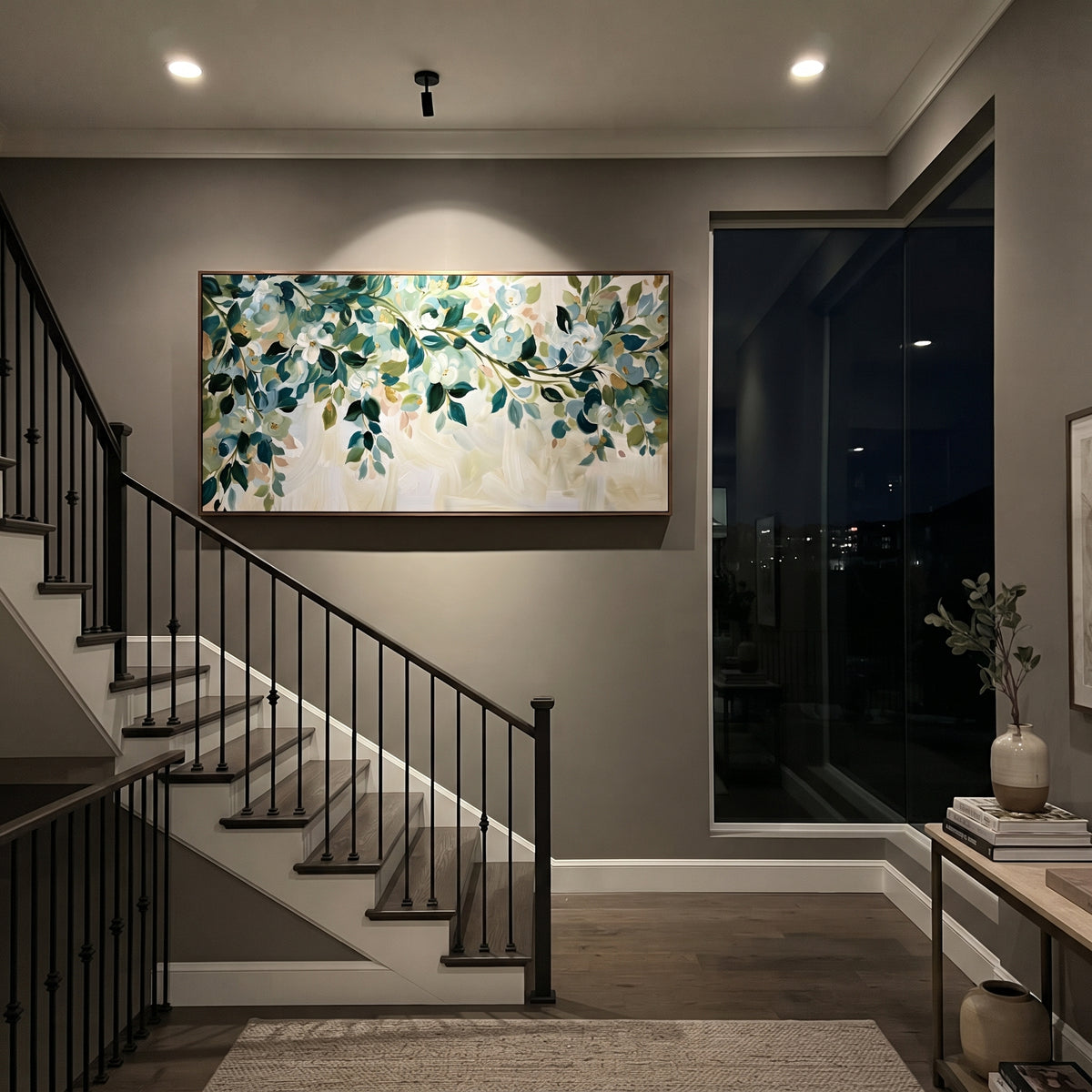 "Colorful Birch Forest Painting" focuses on atmosphere, surface movement, and sculptural heavy impasto craftsmanship rather than a fixed literal storyline. The composition uses this hand-painted panoramic canvas presents a vivid birch forest with black and white trunks, red orange yellow and blue foliage, and a bright path-like center built with textured brushwork as the visual anchor, while layered palette-knife paint, raised plaster-like texture, and softened brush movement create tactile