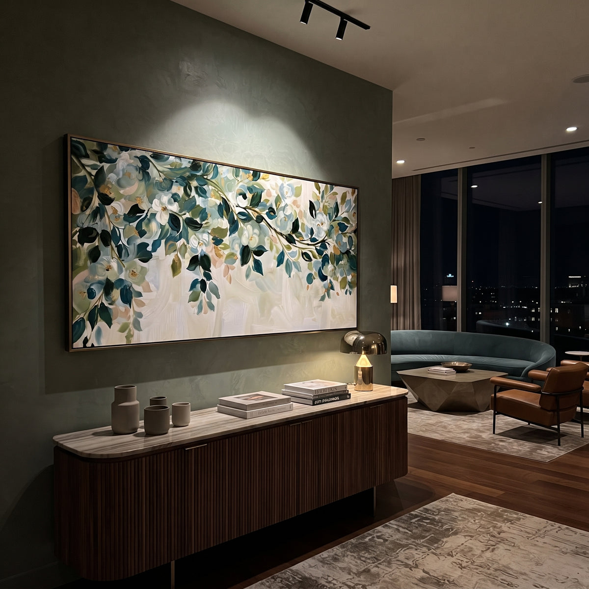 "Colorful Birch Forest Painting" focuses on atmosphere, surface movement, and sculptural heavy impasto craftsmanship rather than a fixed literal storyline. The composition uses this hand-painted panoramic canvas presents a vivid birch forest with black and white trunks, red orange yellow and blue foliage, and a bright path-like center built with textured brushwork as the visual anchor, while layered palette-knife paint, raised plaster-like texture, and softened brush movement create tactile