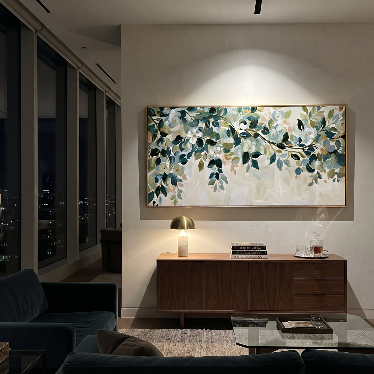 "Colorful Birch Forest Painting" focuses on atmosphere, surface movement, and sculptural heavy impasto craftsmanship rather than a fixed literal storyline. The composition uses this hand-painted panoramic canvas presents a vivid birch forest with black and white trunks, red orange yellow and blue foliage, and a bright path-like center built with textured brushwork as the visual anchor, while layered palette-knife paint, raised plaster-like texture, and softened brush movement create tactile