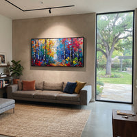 "Gold Turquoise Forest Painting" focuses on atmosphere, surface movement, and sculptural heavy impasto craftsmanship rather than a fixed literal storyline. The composition uses this hand-painted panoramic canvas presents slender forest trunks with golden yellow and turquoise blue foliage over a soft cream background, with visible raised texture across the branches as the visual anchor, while layered palette-knife paint, raised plaster-like texture, and softened brush movement create tactile