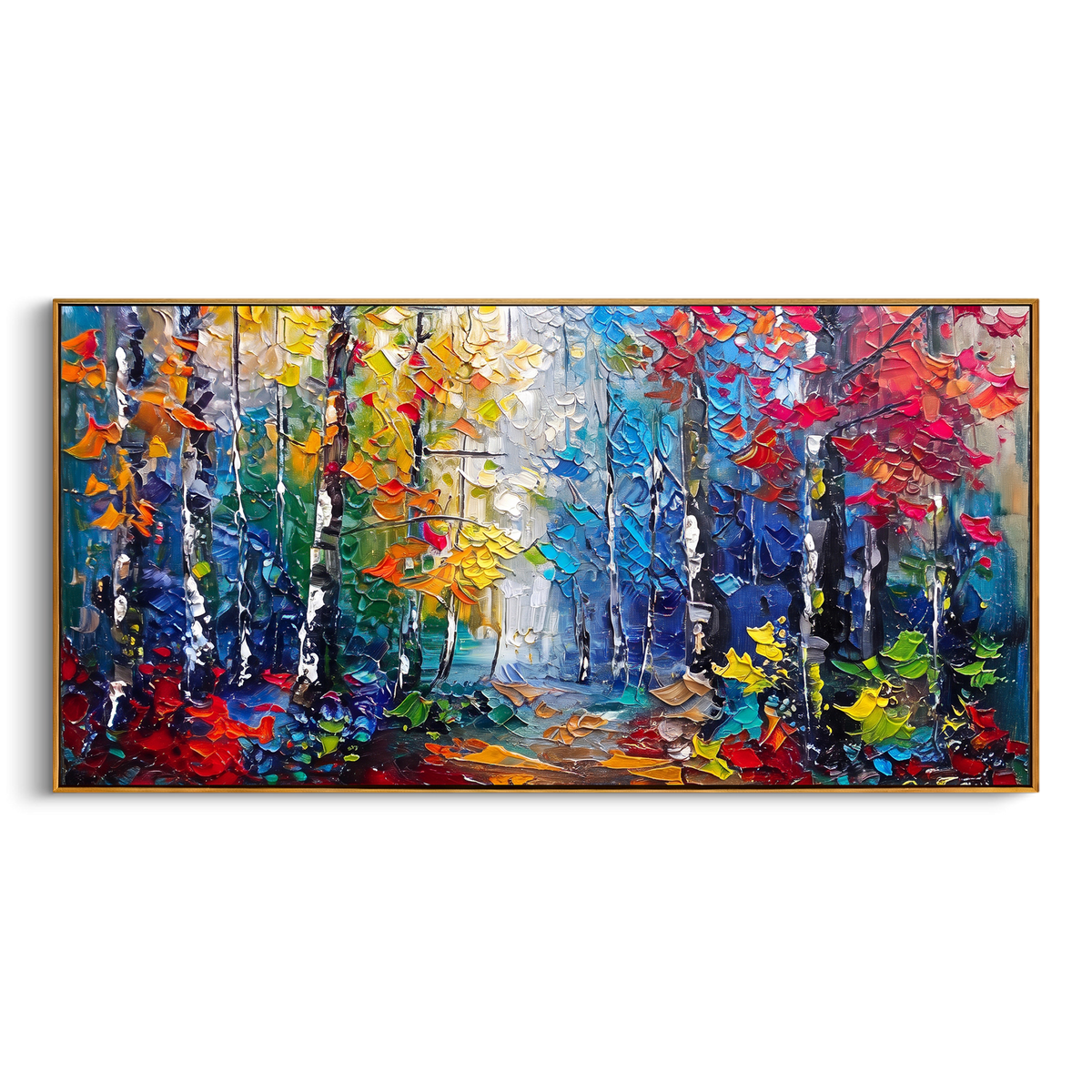 "Gold Turquoise Forest Painting" focuses on atmosphere, surface movement, and sculptural heavy impasto craftsmanship rather than a fixed literal storyline. The composition uses this hand-painted panoramic canvas presents slender forest trunks with golden yellow and turquoise blue foliage over a soft cream background, with visible raised texture across the branches as the visual anchor, while layered palette-knife paint, raised plaster-like texture, and softened brush movement create tactile