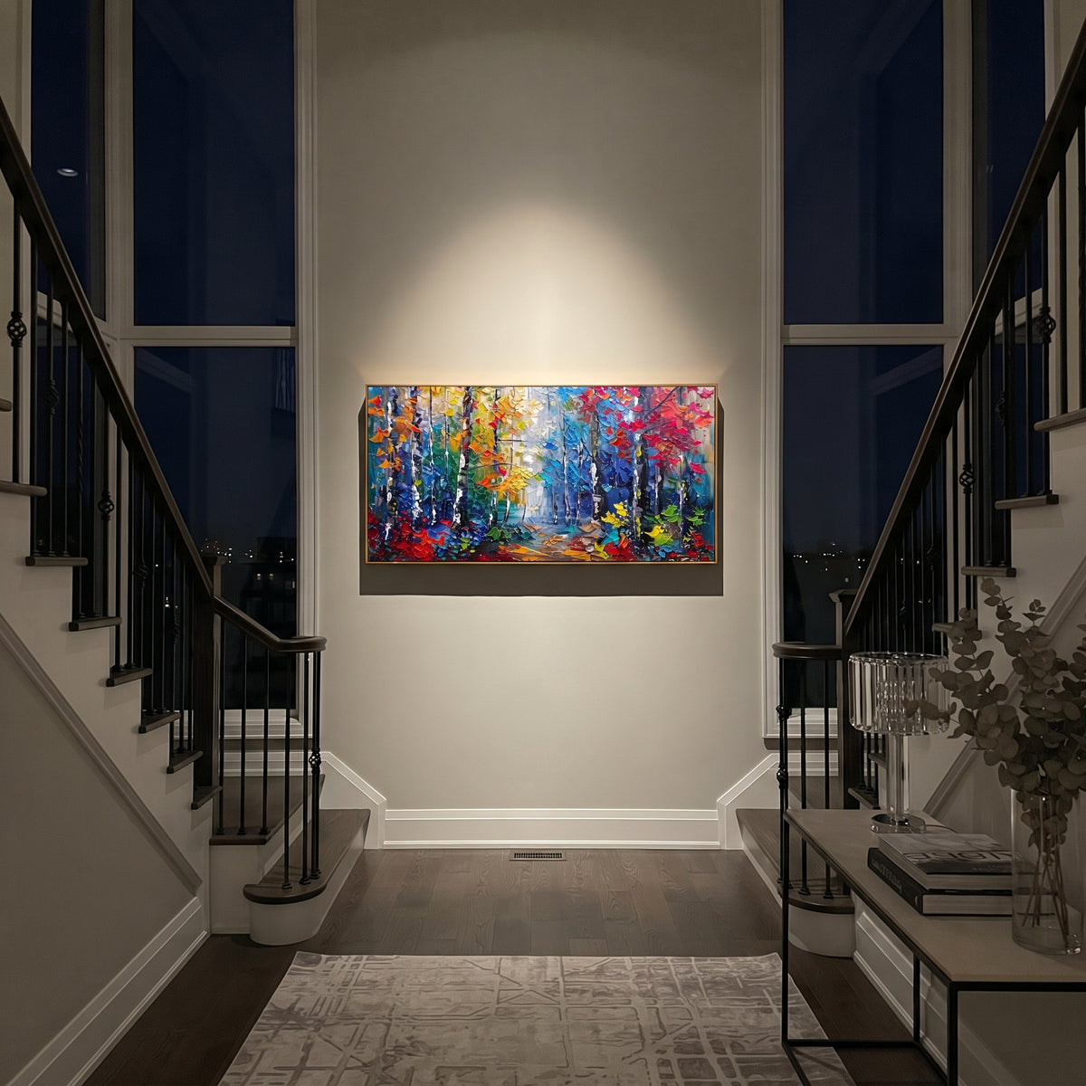 "Gold Turquoise Forest Painting" focuses on atmosphere, surface movement, and sculptural heavy impasto craftsmanship rather than a fixed literal storyline. The composition uses this hand-painted panoramic canvas presents slender forest trunks with golden yellow and turquoise blue foliage over a soft cream background, with visible raised texture across the branches as the visual anchor, while layered palette-knife paint, raised plaster-like texture, and softened brush movement create tactile
