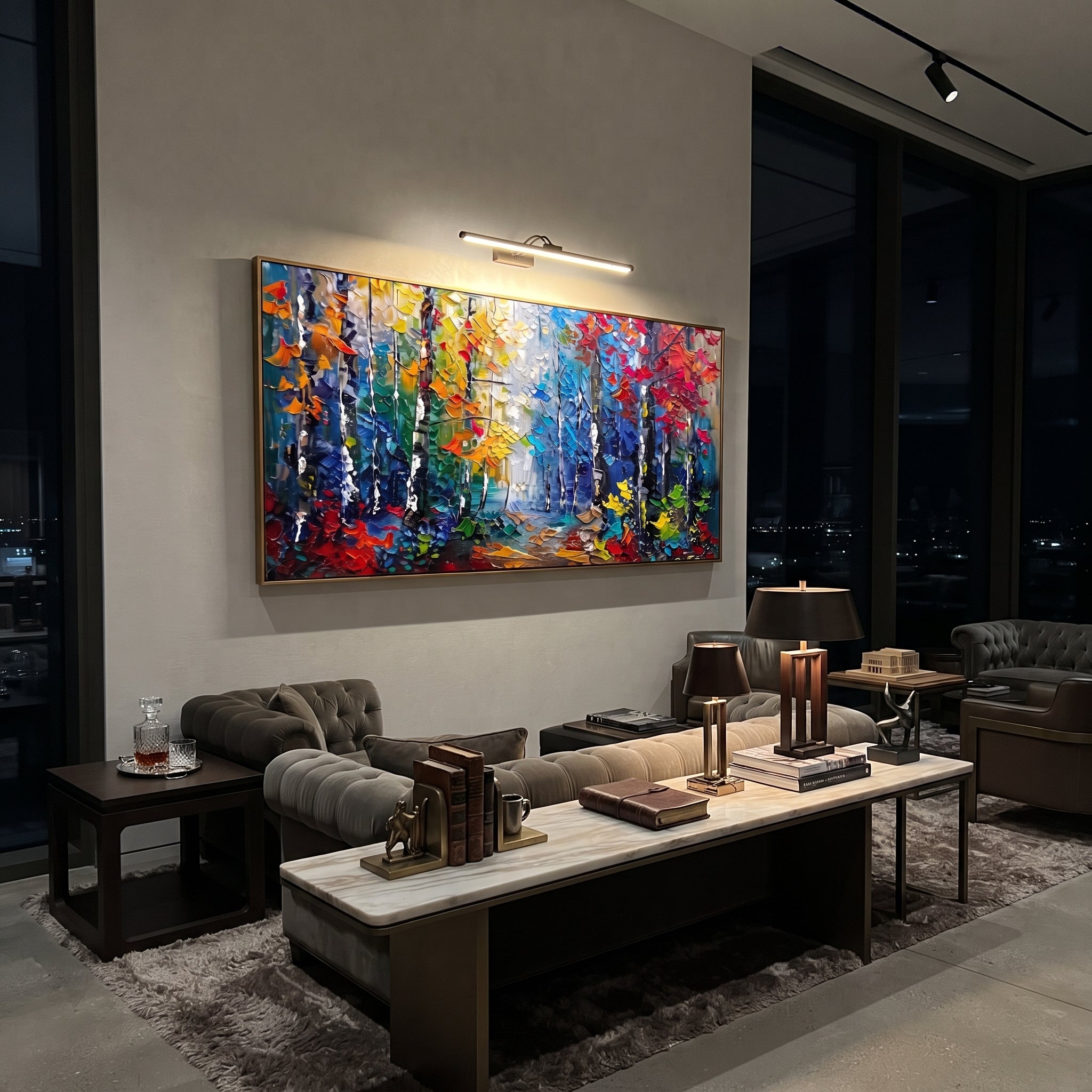 "Gold Turquoise Forest Painting" focuses on atmosphere, surface movement, and sculptural heavy impasto craftsmanship rather than a fixed literal storyline. The composition uses this hand-painted panoramic canvas presents slender forest trunks with golden yellow and turquoise blue foliage over a soft cream background, with visible raised texture across the branches as the visual anchor, while layered palette-knife paint, raised plaster-like texture, and softened brush movement create tactile