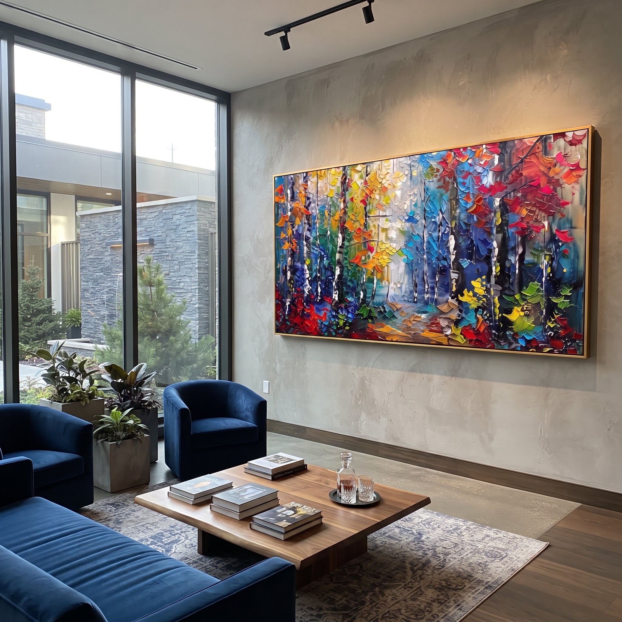 "Gold Turquoise Forest Painting" focuses on atmosphere, surface movement, and sculptural heavy impasto craftsmanship rather than a fixed literal storyline. The composition uses this hand-painted panoramic canvas presents slender forest trunks with golden yellow and turquoise blue foliage over a soft cream background, with visible raised texture across the branches as the visual anchor, while layered palette-knife paint, raised plaster-like texture, and softened brush movement create tactile