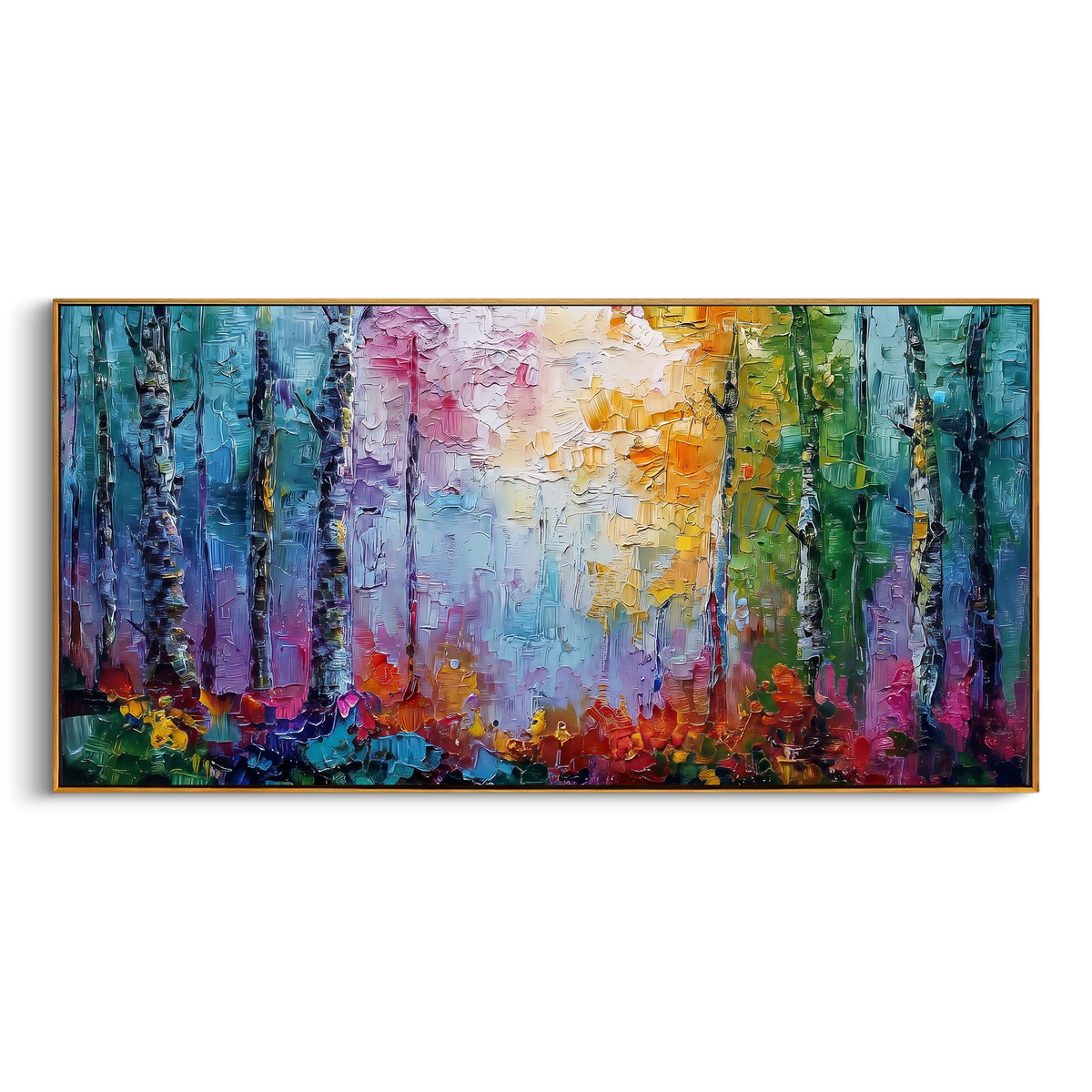 "Colorful Birch Grove Painting" - Modern Heavy Impasto Abstract Artwork | Blue & Green Palette Knife Painting | Luxury Horizontal Wall Art #PT 1433