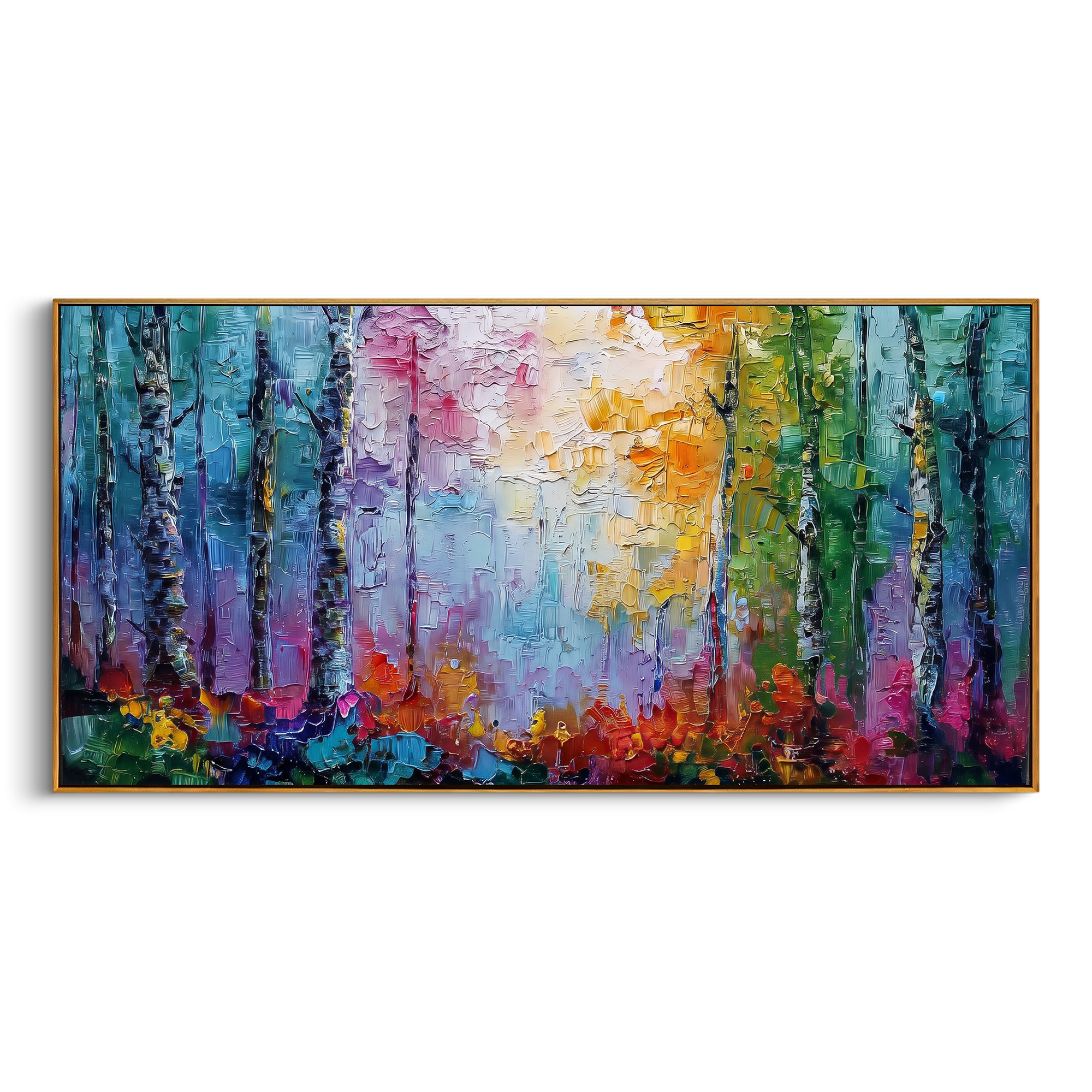 "Colorful Birch Grove Painting" focuses on atmosphere, surface movement, and sculptural heavy impasto craftsmanship rather than a fixed literal storyline. The composition uses this hand-painted panoramic canvas presents black birch trunks across blocks of teal blue, lavender pink, golden yellow, green, and red textured forest color as the visual anchor, while layered palette-knife paint, raised plaster-like texture, and softened brush movement create tactile depth across the canvas. Curated with