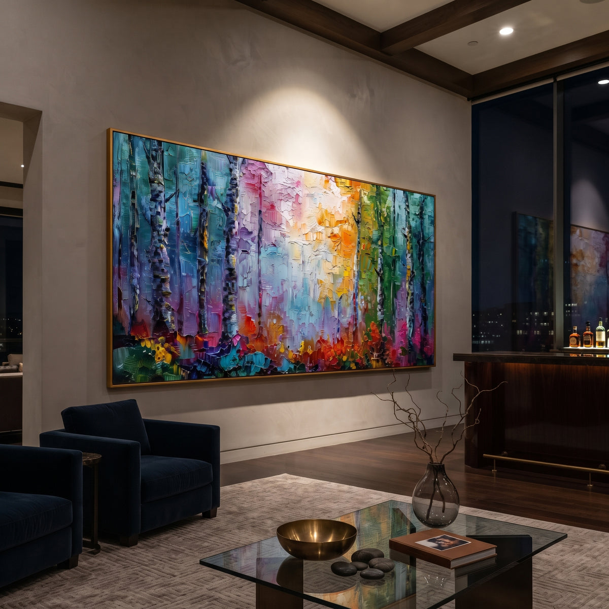 "Colorful Birch Grove Painting" focuses on atmosphere, surface movement, and sculptural heavy impasto craftsmanship rather than a fixed literal storyline. The composition uses this hand-painted panoramic canvas presents black birch trunks across blocks of teal blue, lavender pink, golden yellow, green, and red textured forest color as the visual anchor, while layered palette-knife paint, raised plaster-like texture, and softened brush movement create tactile depth across the canvas. Curated with