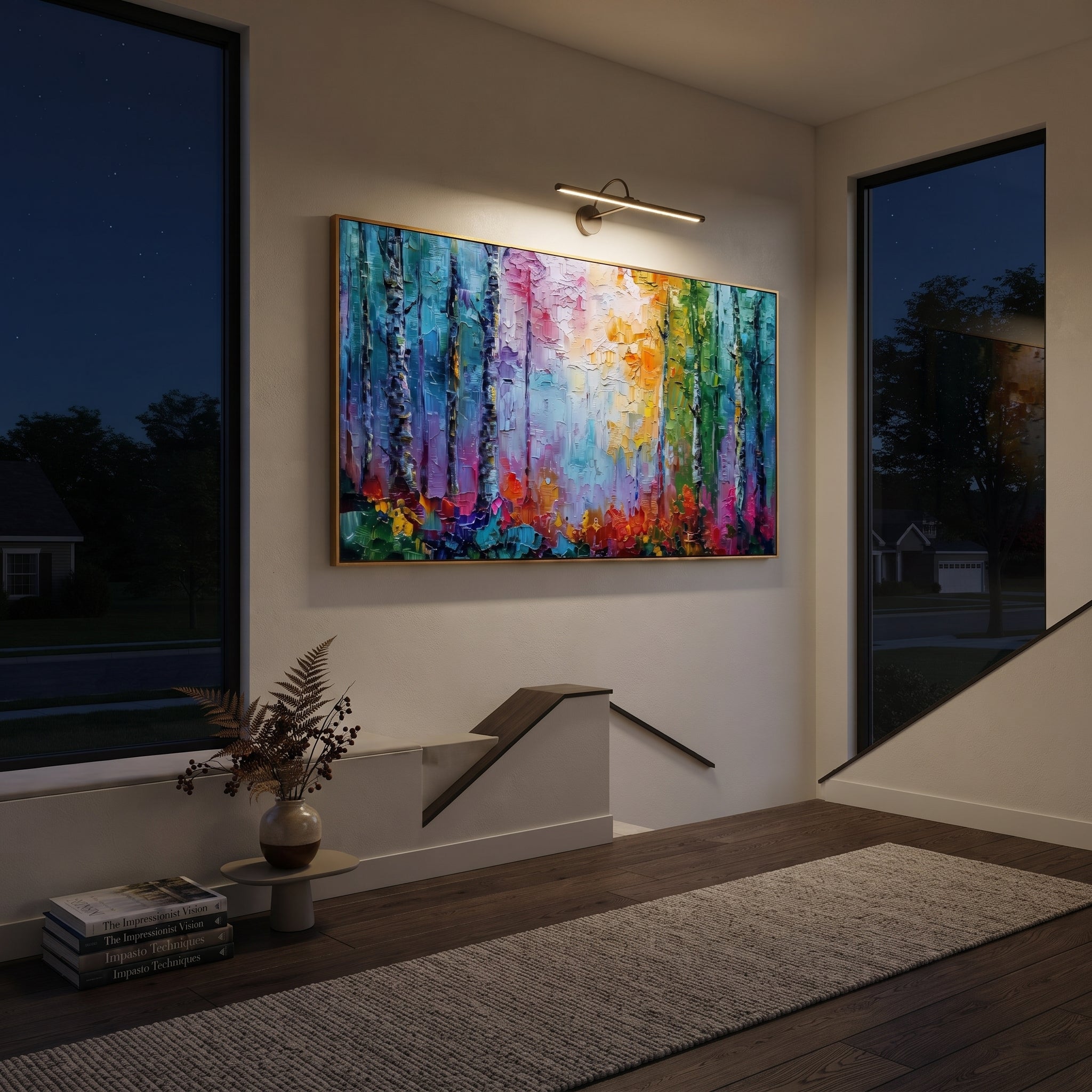 "Colorful Birch Grove Painting" focuses on atmosphere, surface movement, and sculptural heavy impasto craftsmanship rather than a fixed literal storyline. The composition uses this hand-painted panoramic canvas presents black birch trunks across blocks of teal blue, lavender pink, golden yellow, green, and red textured forest color as the visual anchor, while layered palette-knife paint, raised plaster-like texture, and softened brush movement create tactile depth across the canvas. Curated with