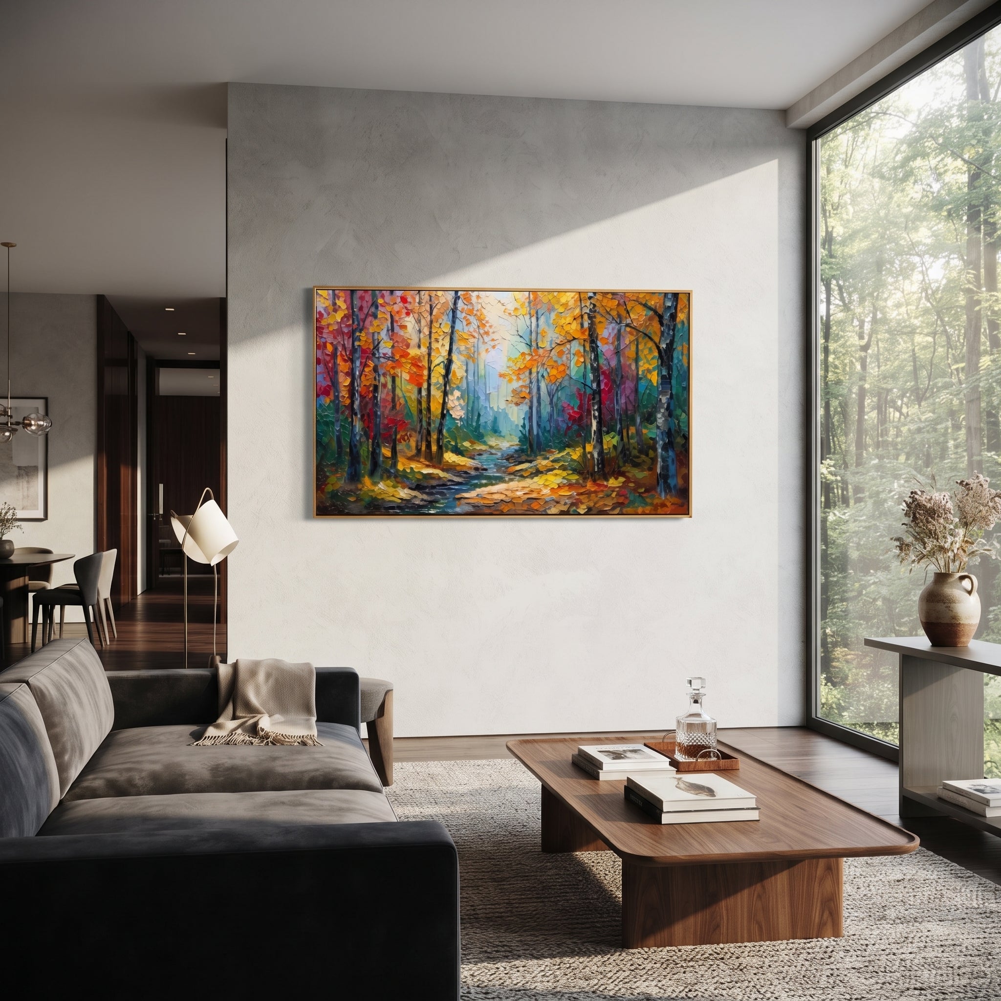 "Blue Gold Forest Path Painting" focuses on atmosphere, surface movement, and sculptural heavy impasto craftsmanship rather than a fixed literal storyline. The composition uses this hand-painted panoramic canvas presents a glowing yellow forest path surrounded by deep blue trunks, teal shadows, red orange leaves, and vivid raised paint texture as the visual anchor, while layered palette-knife paint, raised plaster-like texture, and softened brush movement create tactile depth across the canvas.