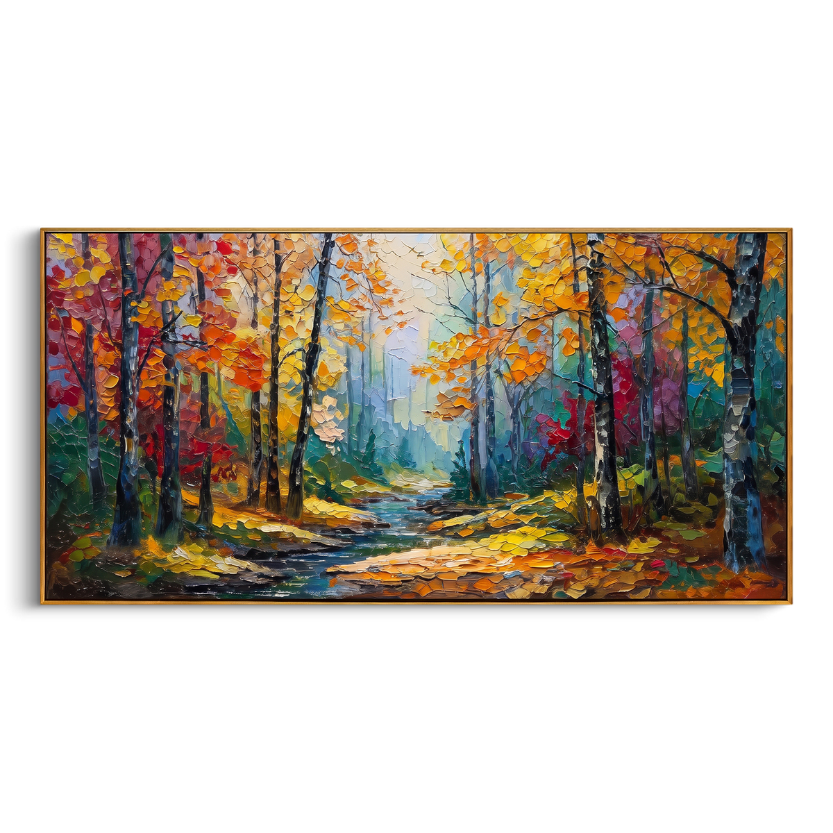 "Blue Gold Forest Path Painting" - Modern Heavy Impasto Abstract Artwork | Blue & Yellow Palette Knife Painting | Luxury Horizontal Wall Art #PT 1434