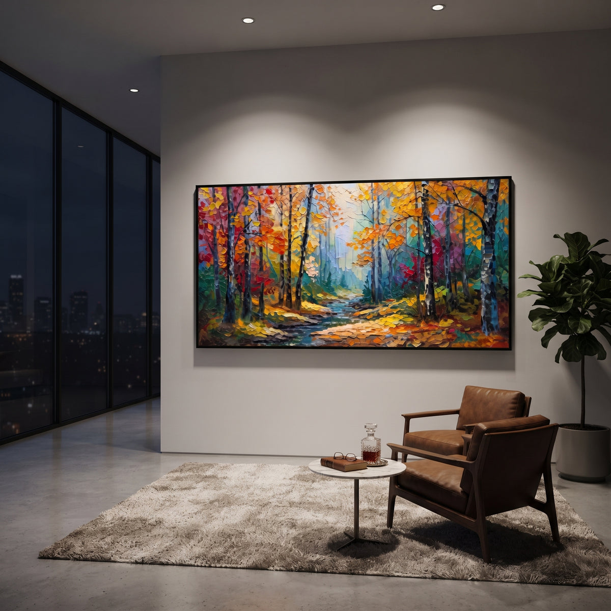 "Blue Gold Forest Path Painting" focuses on atmosphere, surface movement, and sculptural heavy impasto craftsmanship rather than a fixed literal storyline. The composition uses this hand-painted panoramic canvas presents a glowing yellow forest path surrounded by deep blue trunks, teal shadows, red orange leaves, and vivid raised paint texture as the visual anchor, while layered palette-knife paint, raised plaster-like texture, and softened brush movement create tactile depth across the canvas.