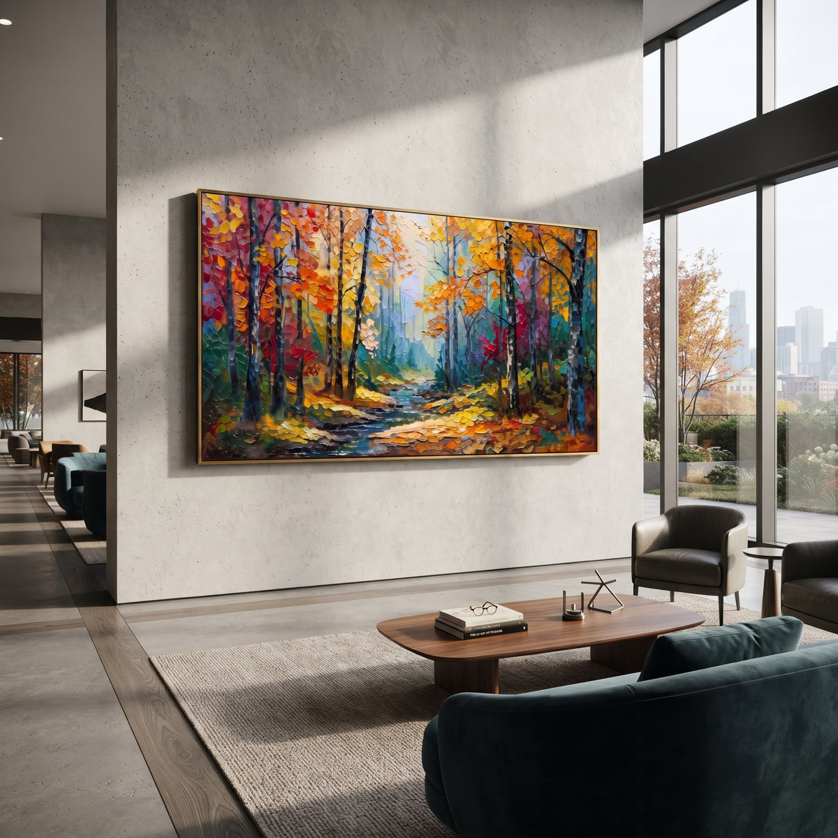 "Blue Gold Forest Path Painting" focuses on atmosphere, surface movement, and sculptural heavy impasto craftsmanship rather than a fixed literal storyline. The composition uses this hand-painted panoramic canvas presents a glowing yellow forest path surrounded by deep blue trunks, teal shadows, red orange leaves, and vivid raised paint texture as the visual anchor, while layered palette-knife paint, raised plaster-like texture, and softened brush movement create tactile depth across the canvas.