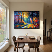 "Orange Autumn Woodland Painting" focuses on atmosphere, surface movement, and sculptural heavy impasto craftsmanship rather than a fixed literal storyline. The composition uses this hand-painted horizontal canvas presents an orange and golden autumn woodland with black trunks, turquoise green shadows, red side foliage, and a soft path through the center as the visual anchor, while layered palette-knife paint, raised plaster-like texture, and softened brush movement create tactile depth across