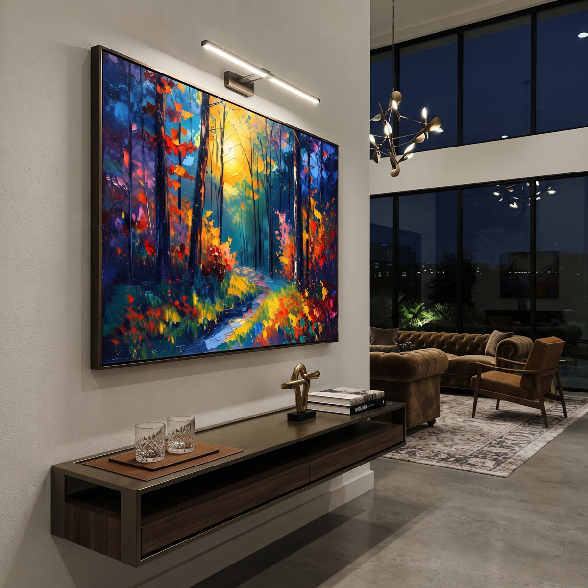 "Orange Autumn Woodland Painting" focuses on atmosphere, surface movement, and sculptural heavy impasto craftsmanship rather than a fixed literal storyline. The composition uses this hand-painted horizontal canvas presents an orange and golden autumn woodland with black trunks, turquoise green shadows, red side foliage, and a soft path through the center as the visual anchor, while layered palette-knife paint, raised plaster-like texture, and softened brush movement create tactile depth across