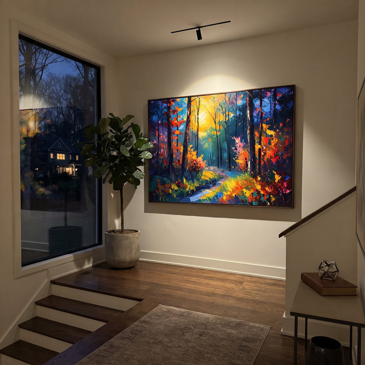 "Orange Autumn Woodland Painting" focuses on atmosphere, surface movement, and sculptural heavy impasto craftsmanship rather than a fixed literal storyline. The composition uses this hand-painted horizontal canvas presents an orange and golden autumn woodland with black trunks, turquoise green shadows, red side foliage, and a soft path through the center as the visual anchor, while layered palette-knife paint, raised plaster-like texture, and softened brush movement create tactile depth across