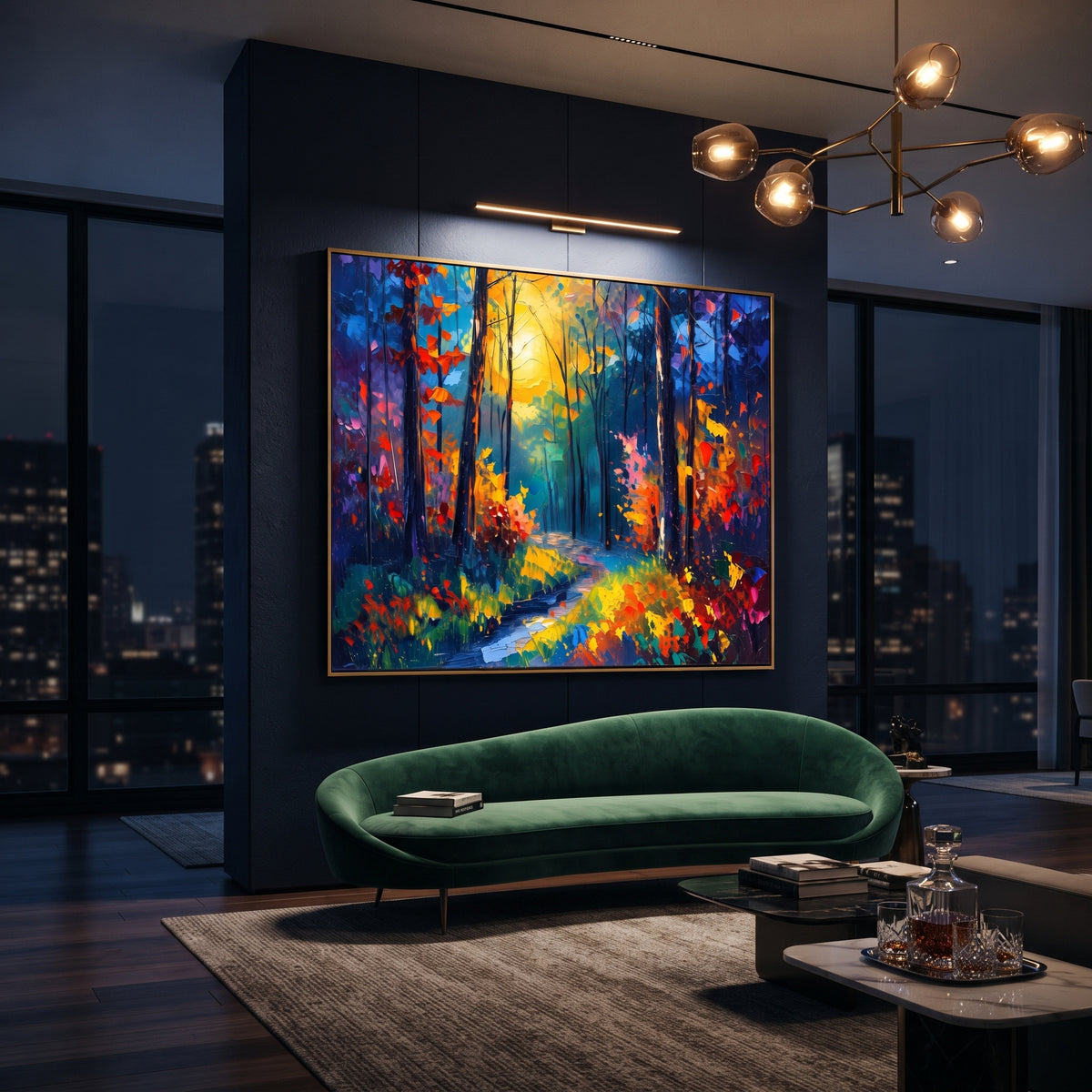 "Orange Autumn Woodland Painting" focuses on atmosphere, surface movement, and sculptural heavy impasto craftsmanship rather than a fixed literal storyline. The composition uses this hand-painted horizontal canvas presents an orange and golden autumn woodland with black trunks, turquoise green shadows, red side foliage, and a soft path through the center as the visual anchor, while layered palette-knife paint, raised plaster-like texture, and softened brush movement create tactile depth across