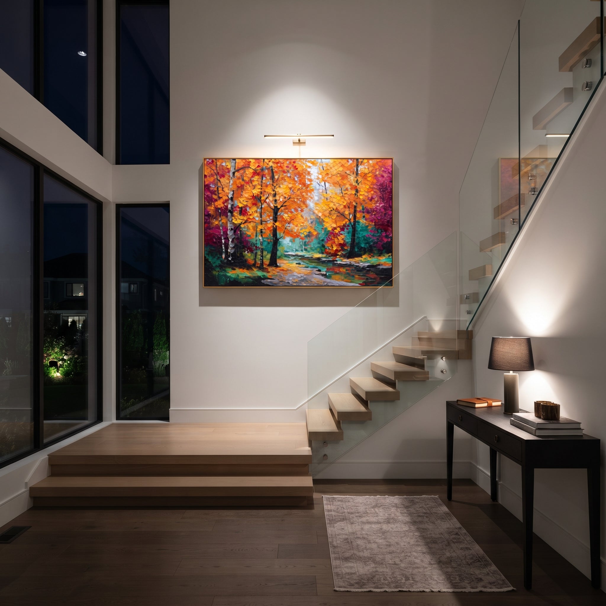 "Golden Orange Forest Painting" focuses on atmosphere, surface movement, and sculptural heavy impasto craftsmanship rather than a fixed literal storyline. The composition uses this hand-painted horizontal canvas presents dense golden orange autumn leaves, black tree silhouettes, teal green undergrowth, and a pale misty path rendered with raised impasto texture as the visual anchor, while layered palette-knife paint, raised plaster-like texture, and softened brush movement create tactile depth